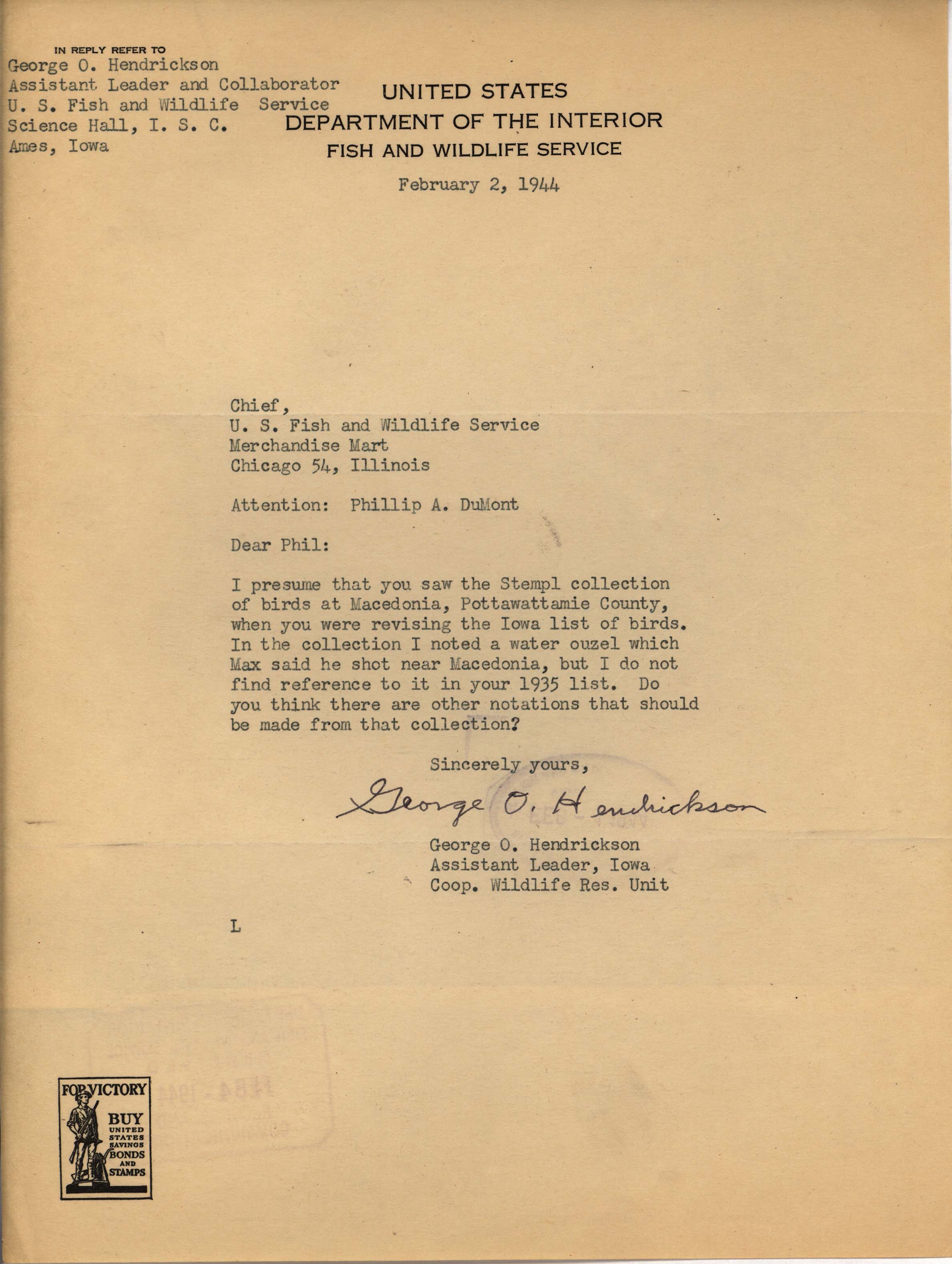 George Hendrickson letter to Philip DuMont regarding unlisted Water Ouzel, February 2, 1944