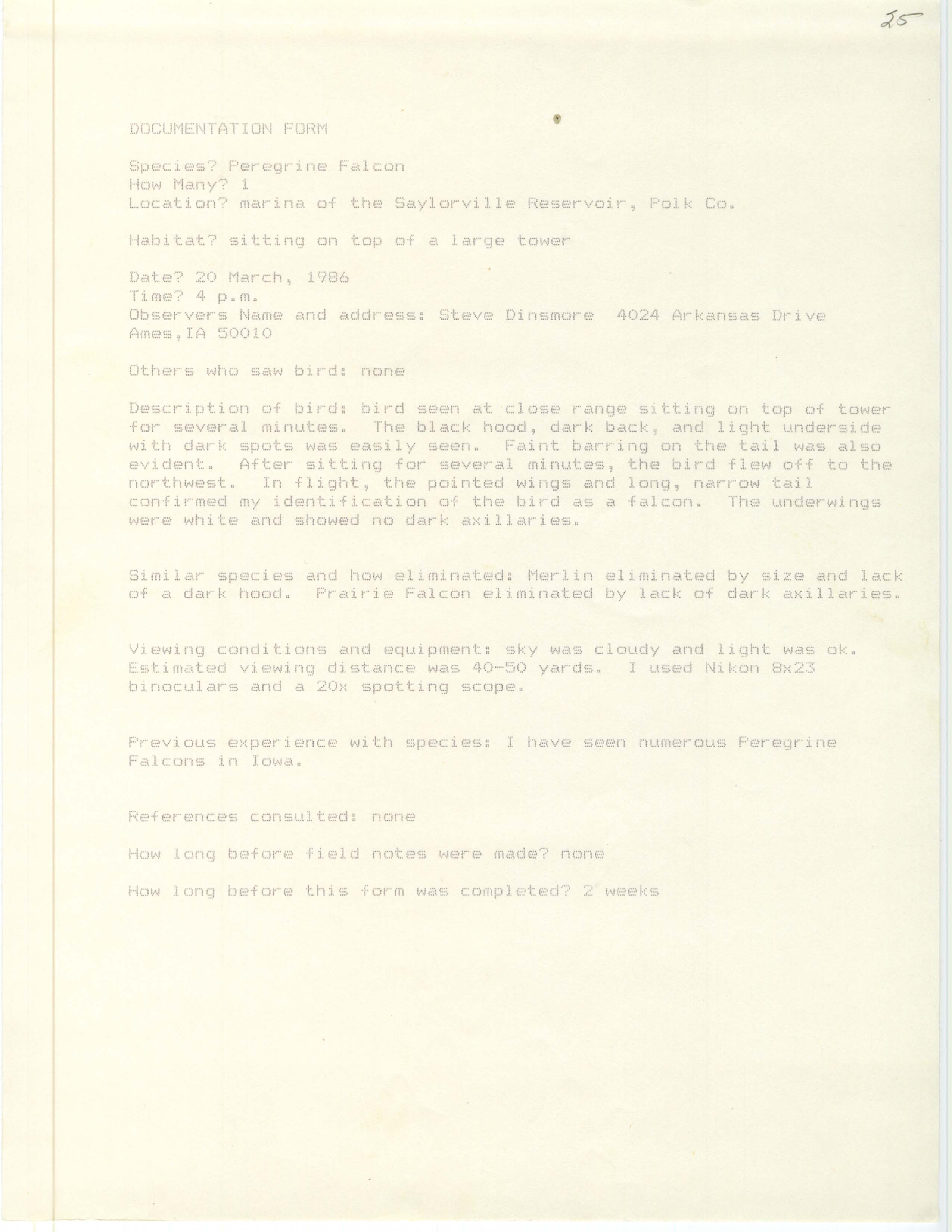 Rare bird documentation form for Peregrine Falcon at Saylorville Reservoir, 1986