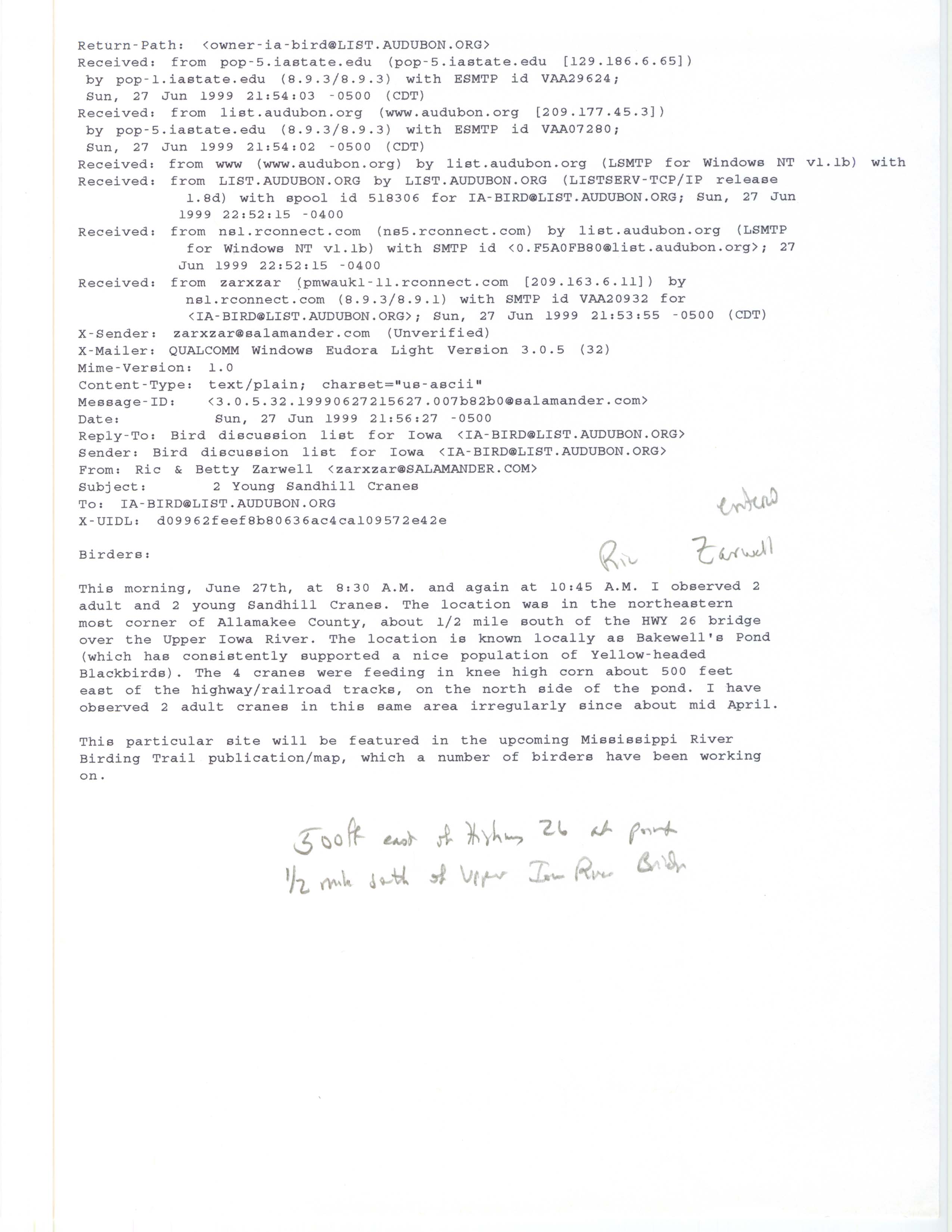 Ric & Betty Zarwell email to the Iowa Bird listserv regarding Sandhill Crane sighting, June 27, 1999