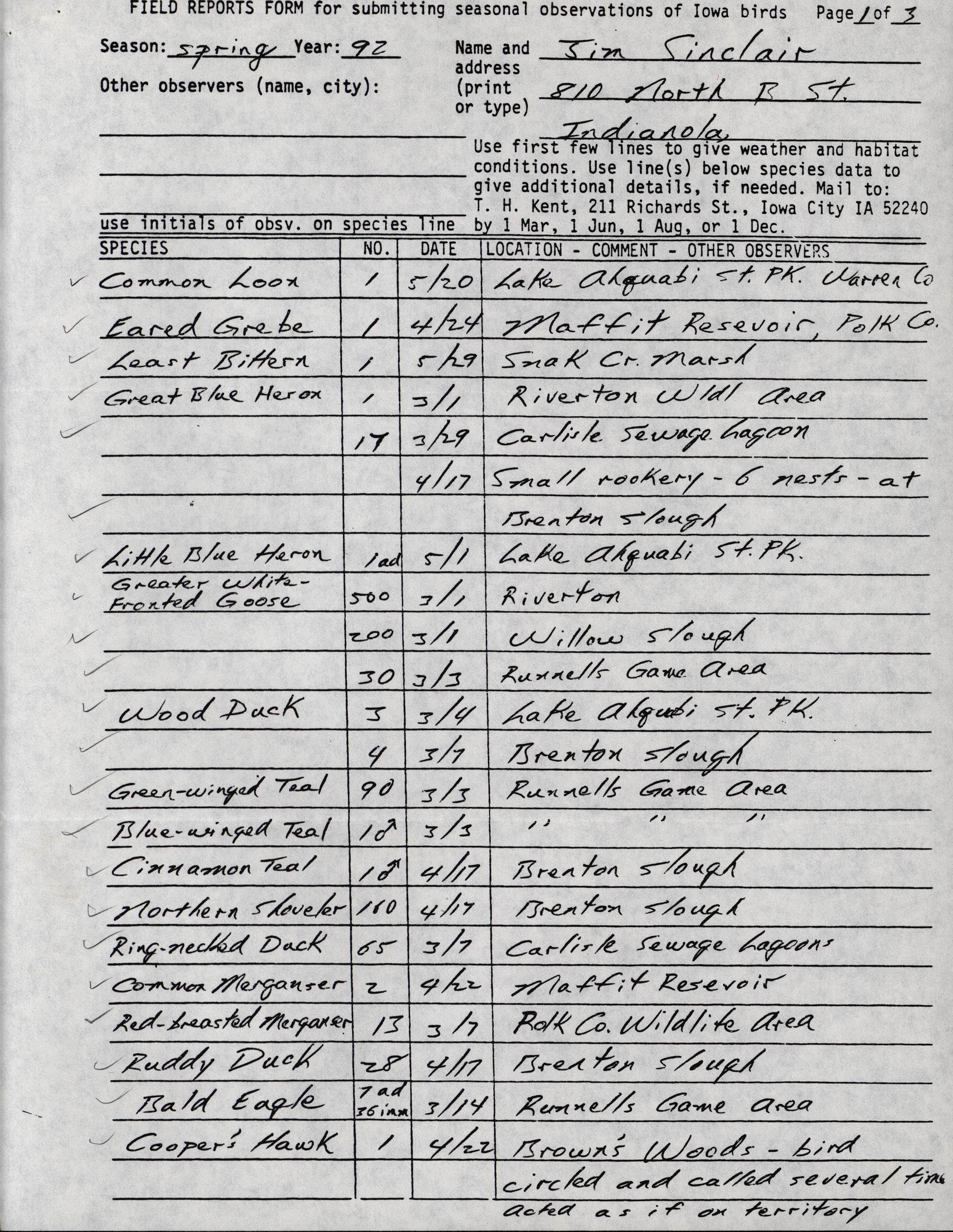 Field reports form for submitting seasonal observations of Iowa birds, Jim Sinclair, spring 1992