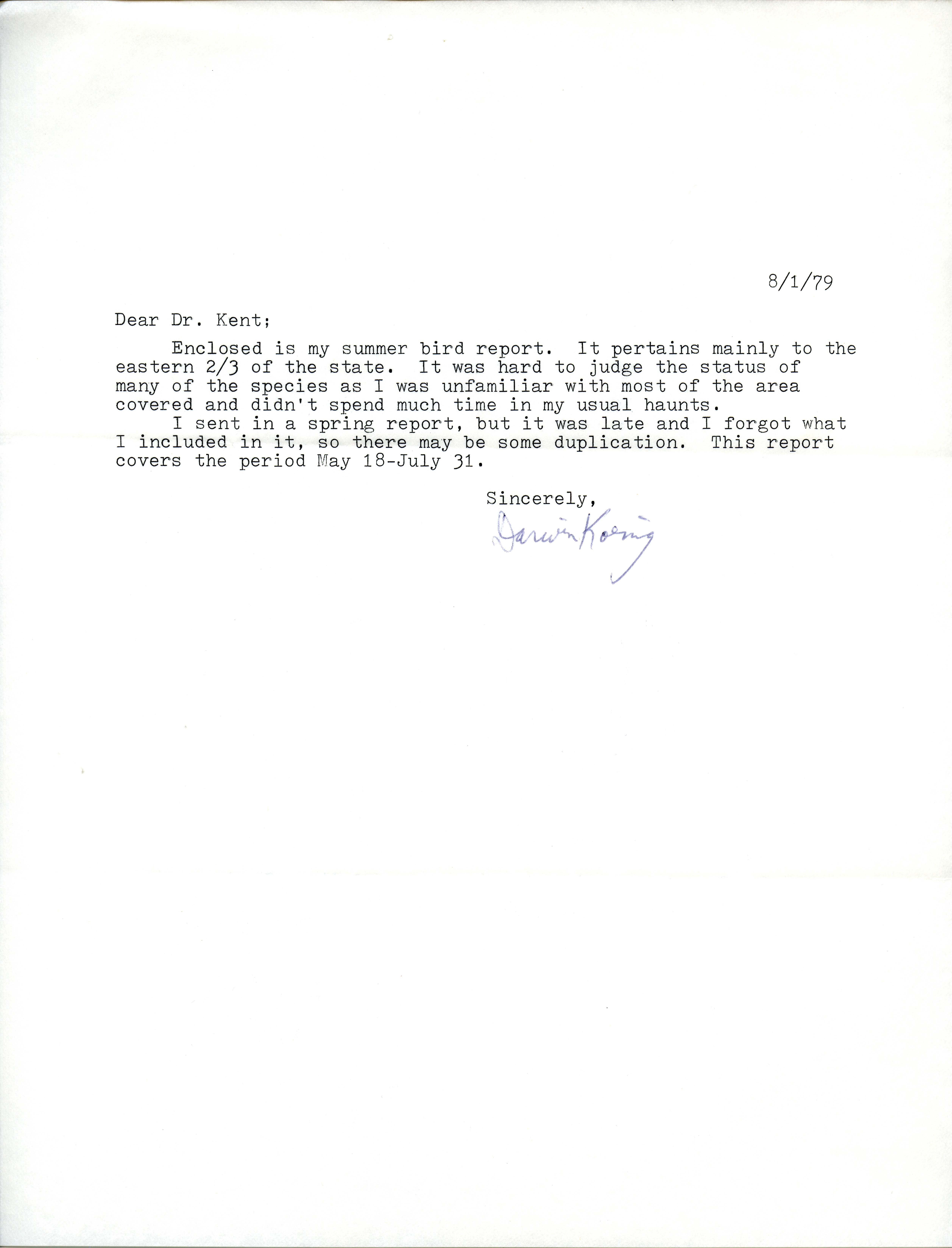 Darwin Koenig letter to Thomas H. Kent regarding included field notes, August 1, 1979