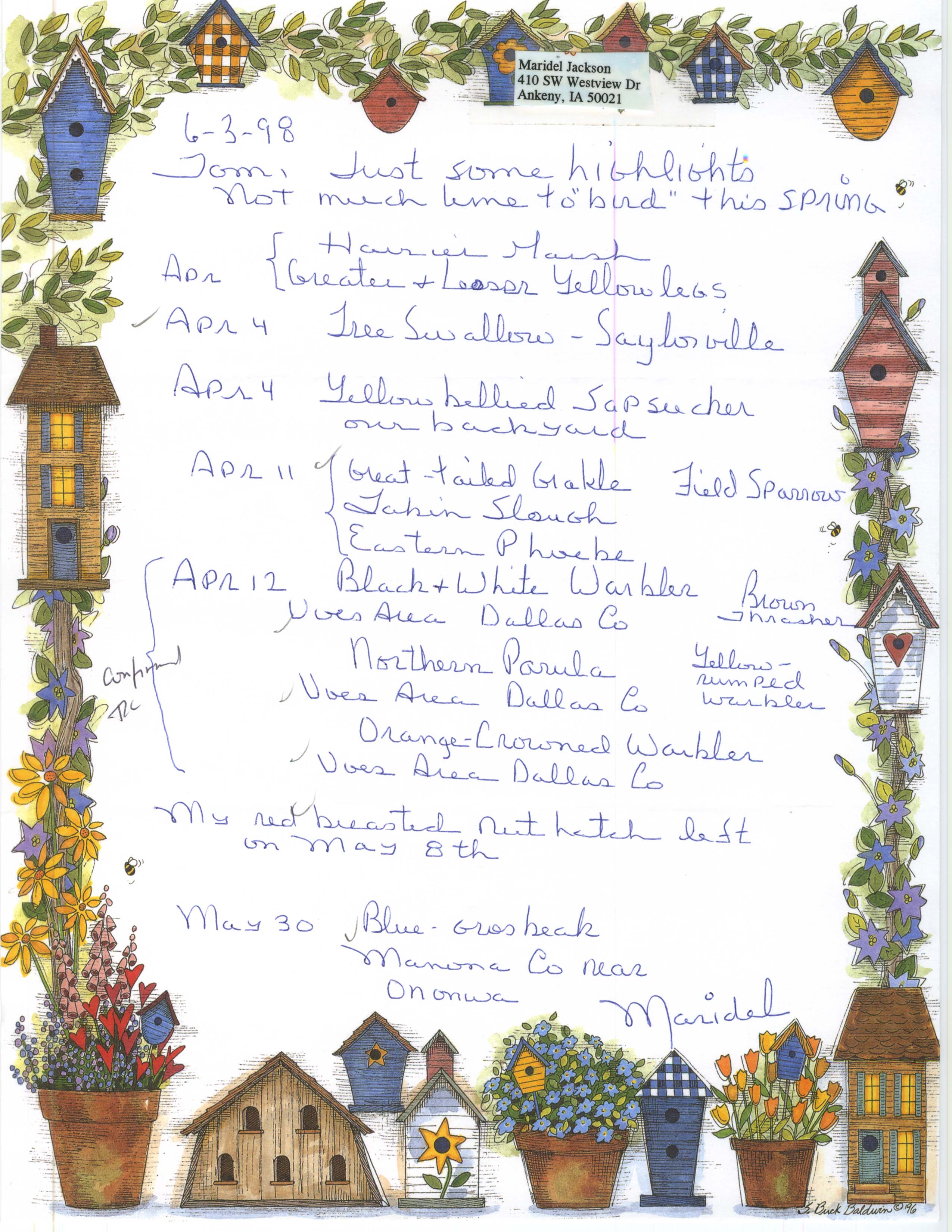 Maridel Jackson letter to Thomas Kent regarding bird highlights, June 3, 1998