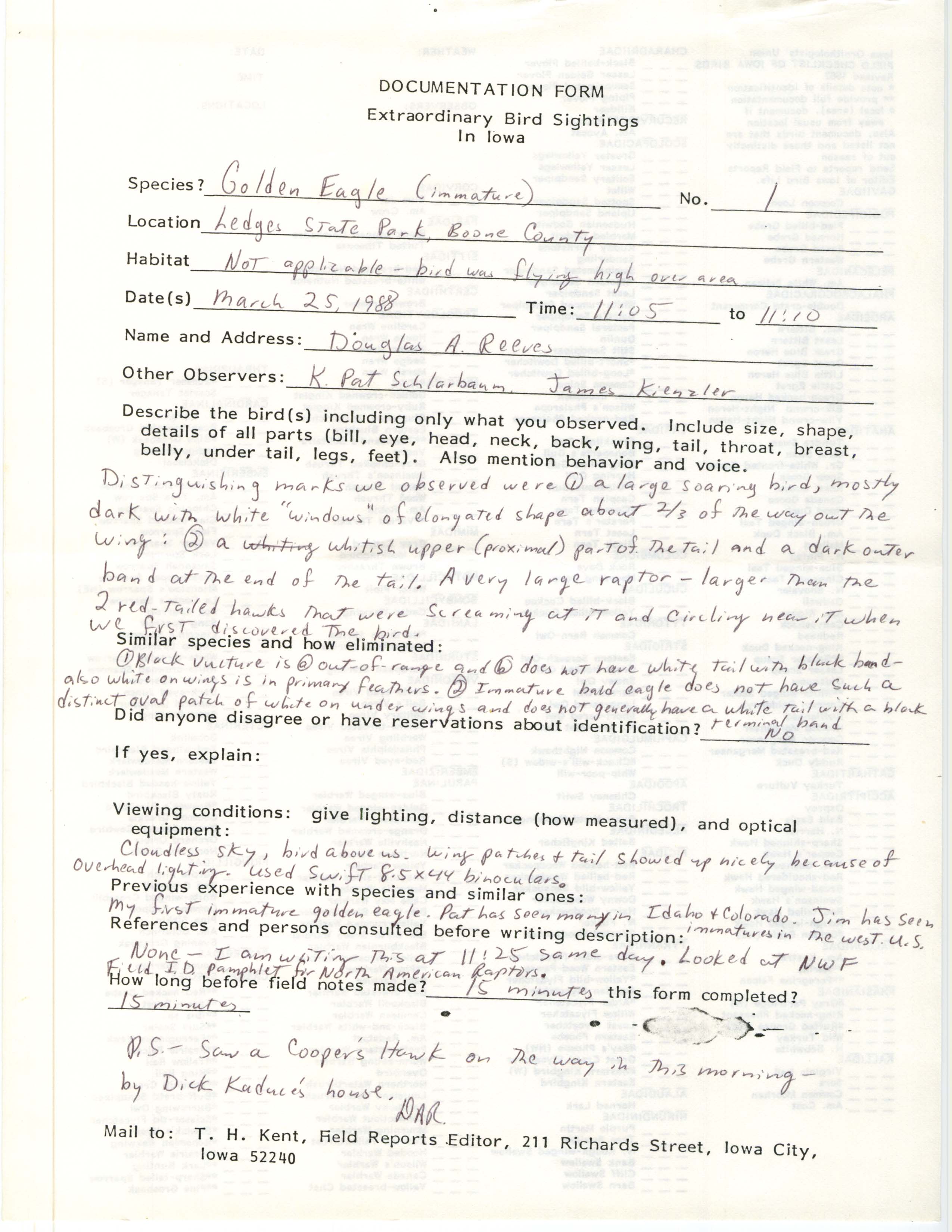 Rare bird documentation form for Golden Eagle at Ledges State Park, 1988