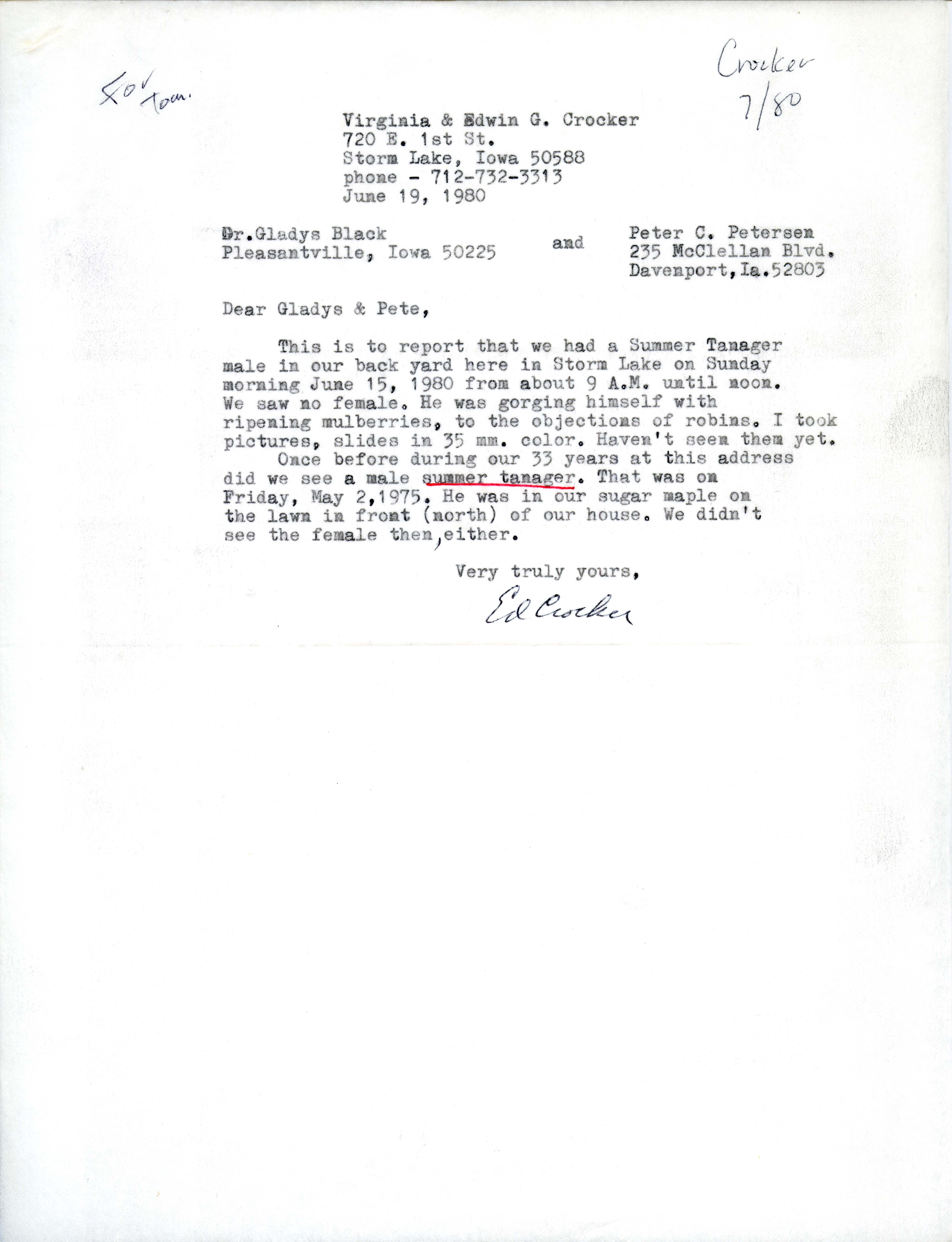 Edwin G. Crocker letter to Gladys Black and Peter C. Petersen regarding a bird sighting, June 19, 1980
