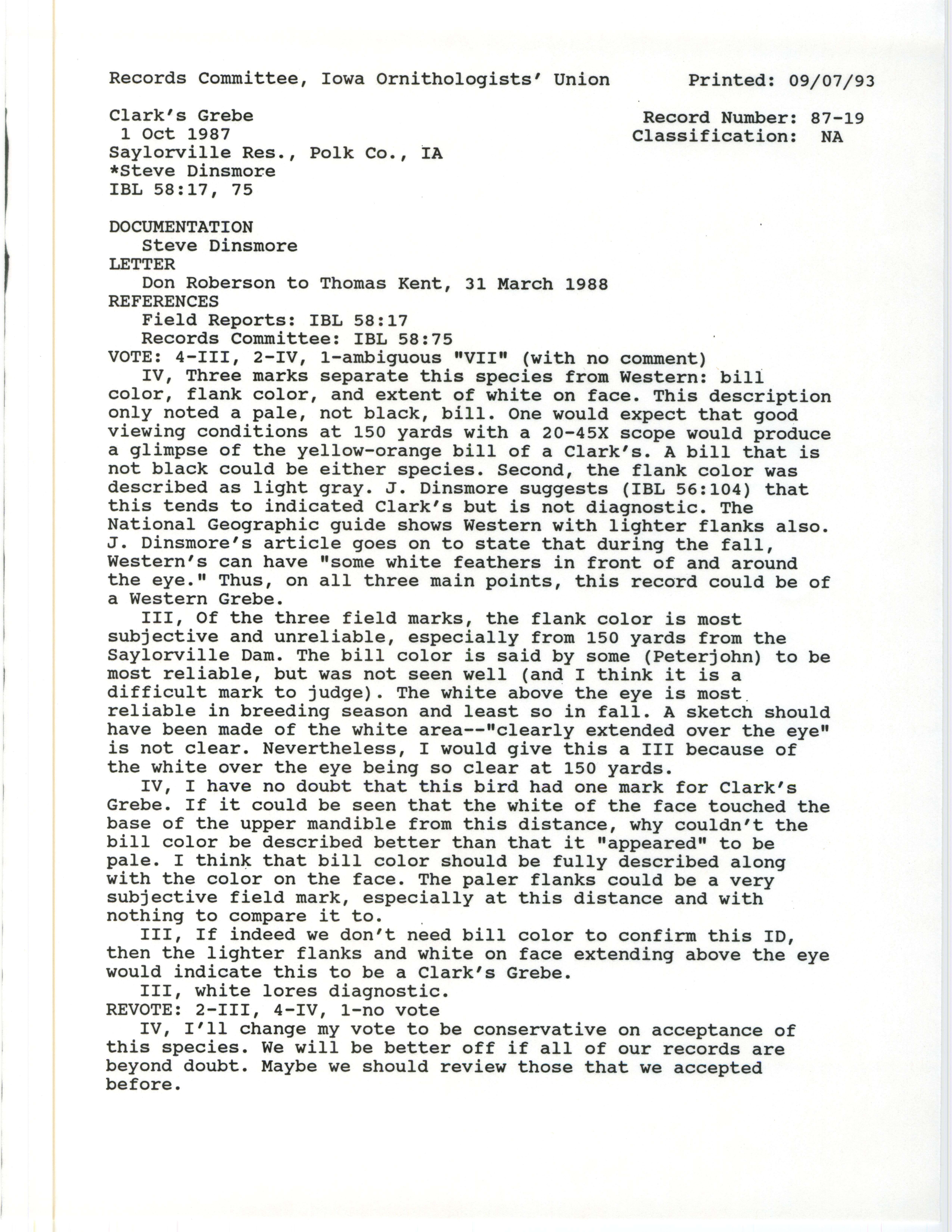 Records Committee review for rare bird sighting of Clark's Grebe at Saylorville Reservoir, 1987