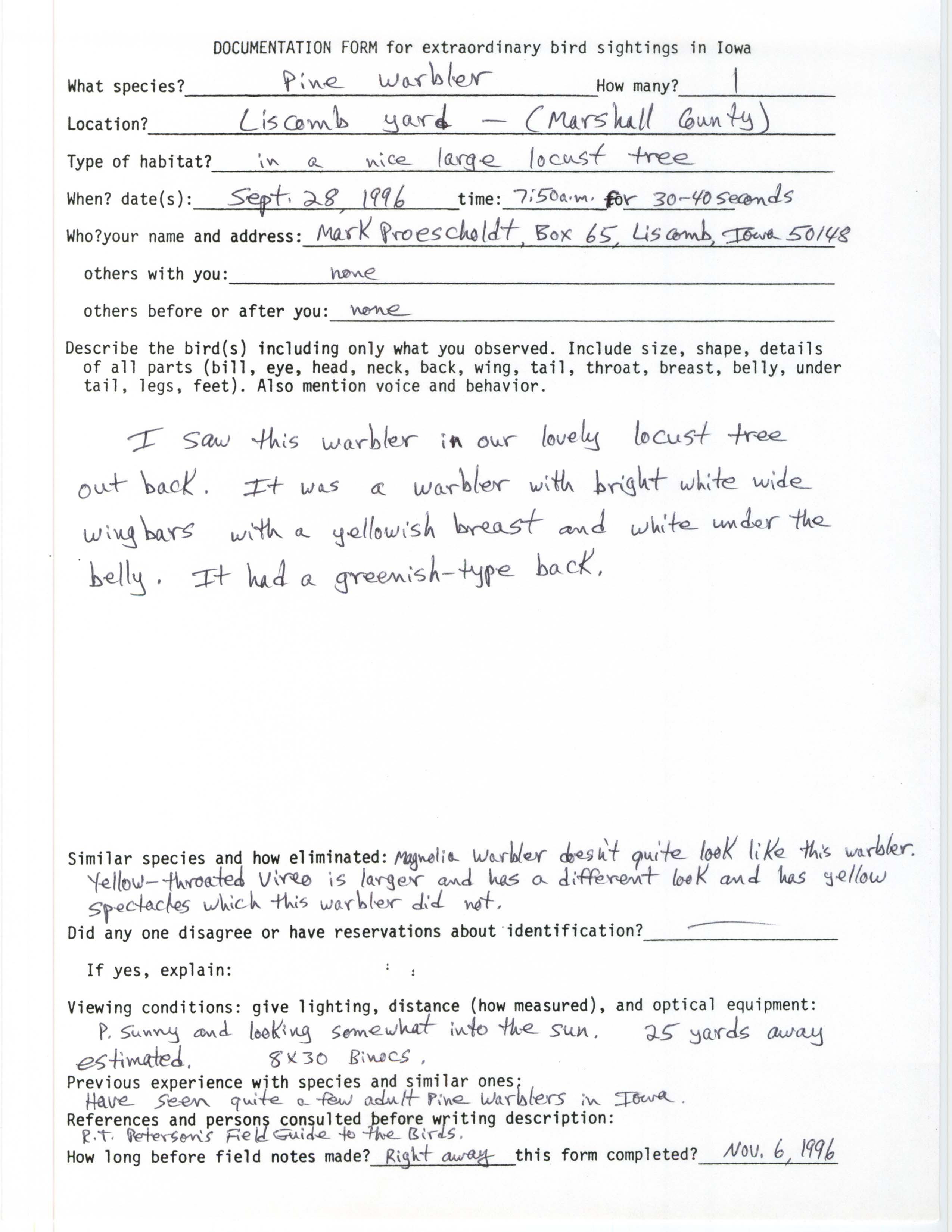 Rare bird documentation form for Pine Warbler at Liscomb, 1996
