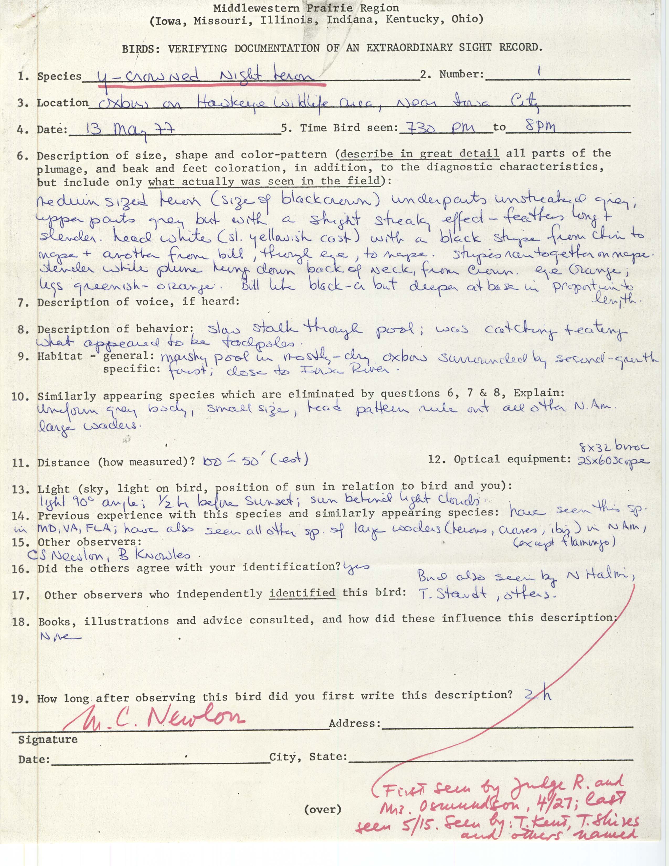 Rare bird documentation form for Yellow-crowned Night Heron at Hawkeye Wildlife Area, 1977