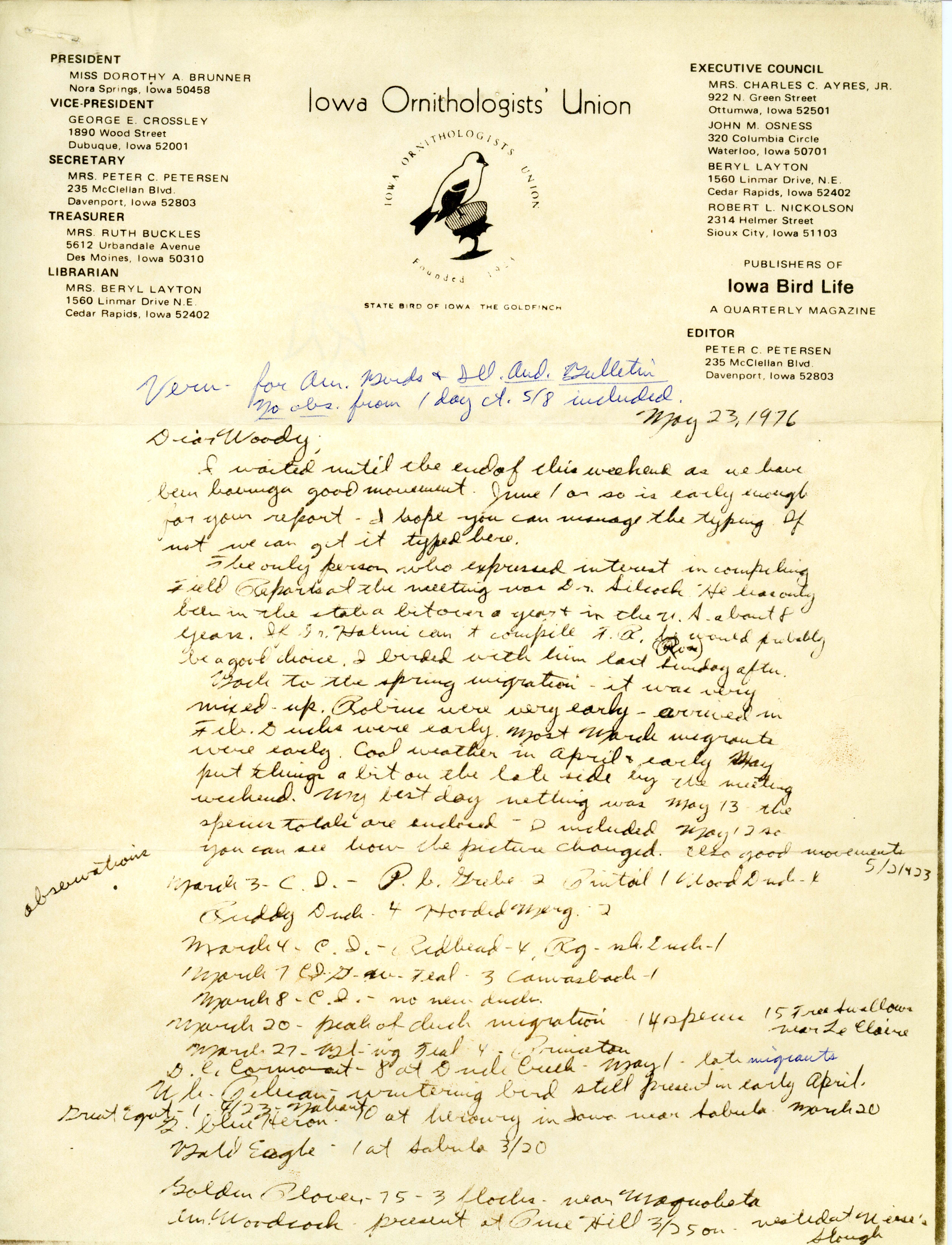 Letter from Peter Peterson to Vernon Kleen containing bird sighting notes, May 23, 1976