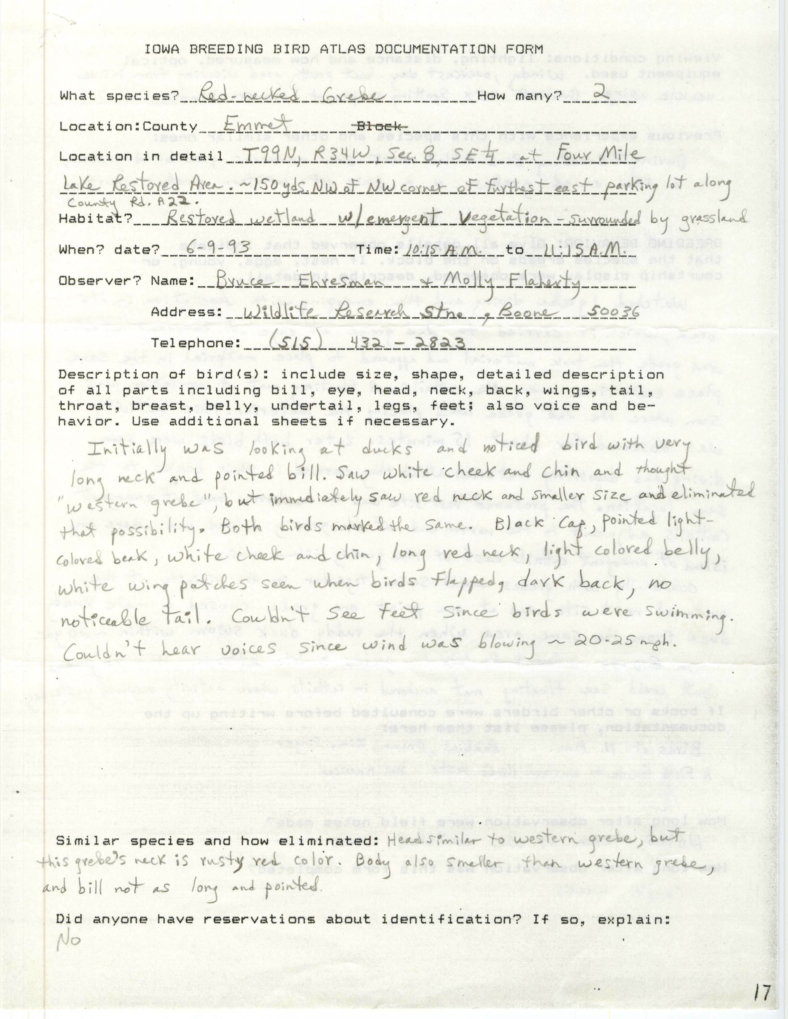 Rare bird documentation form for Red-necked Grebe at Four Mile Lake, 1993