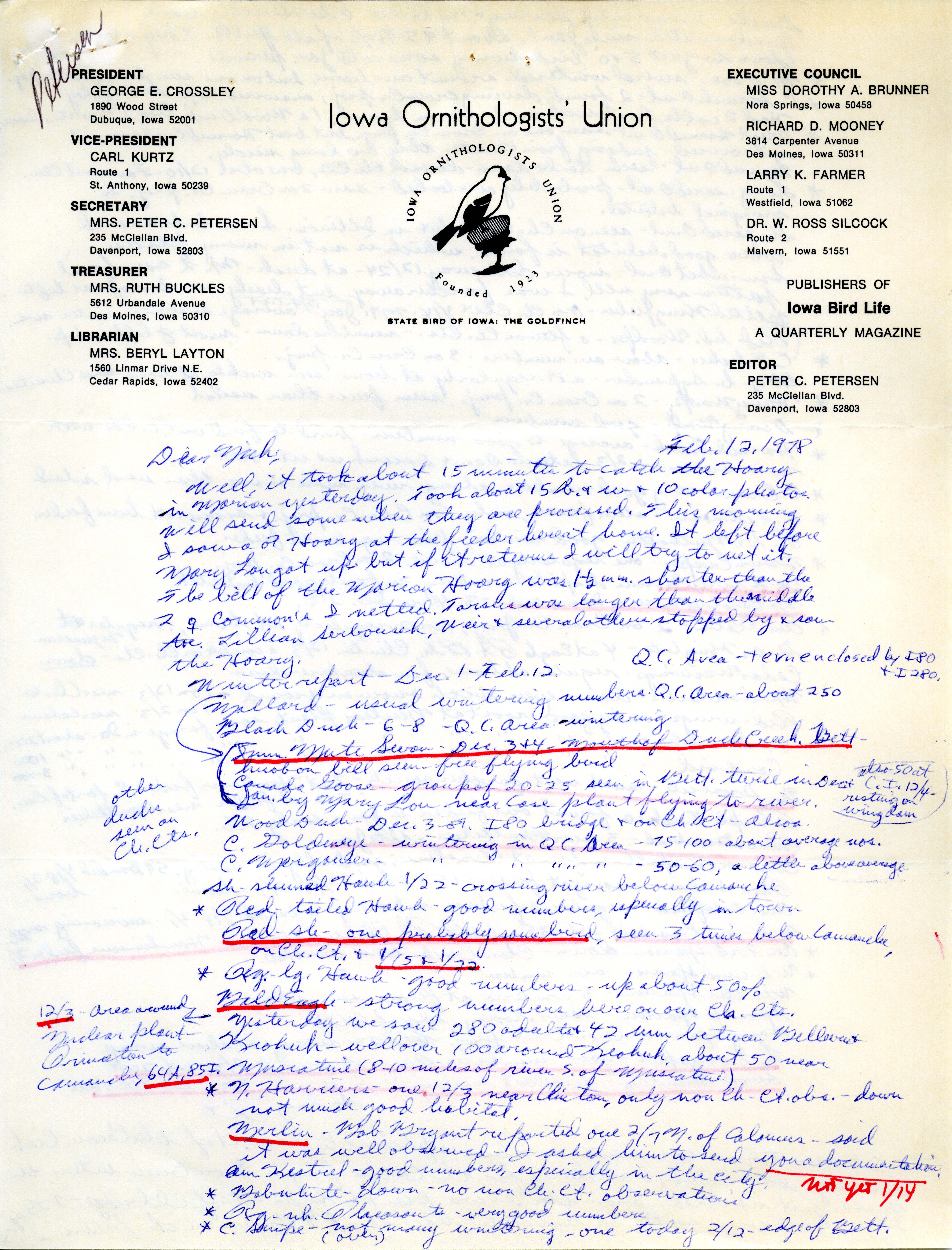 Peter C. Petersen letters to Nicholas S. Halmi regarding bird sightings, February 12, 1978 
