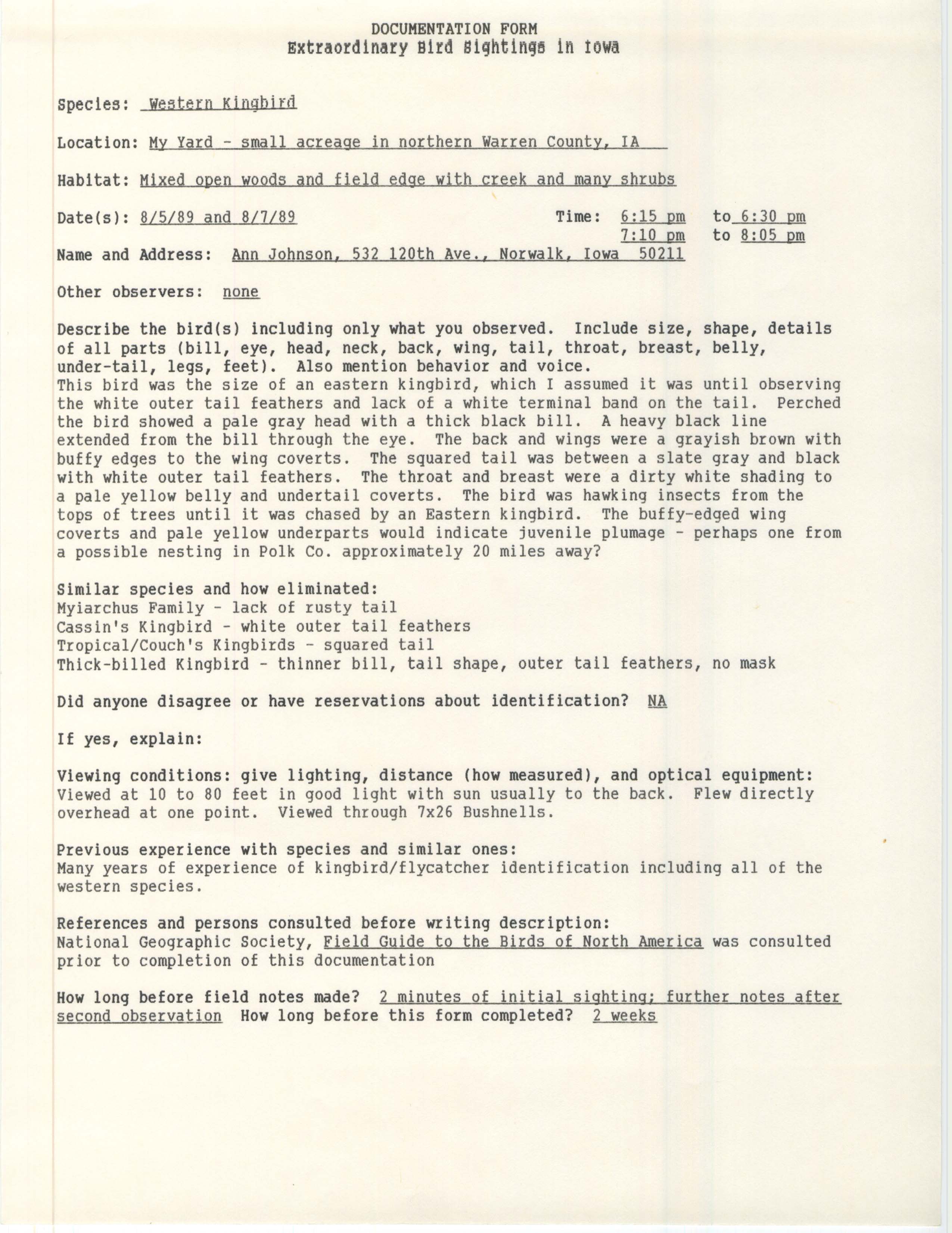 Rare bird documentation form for Western Kingbird at Norwalk in 1989