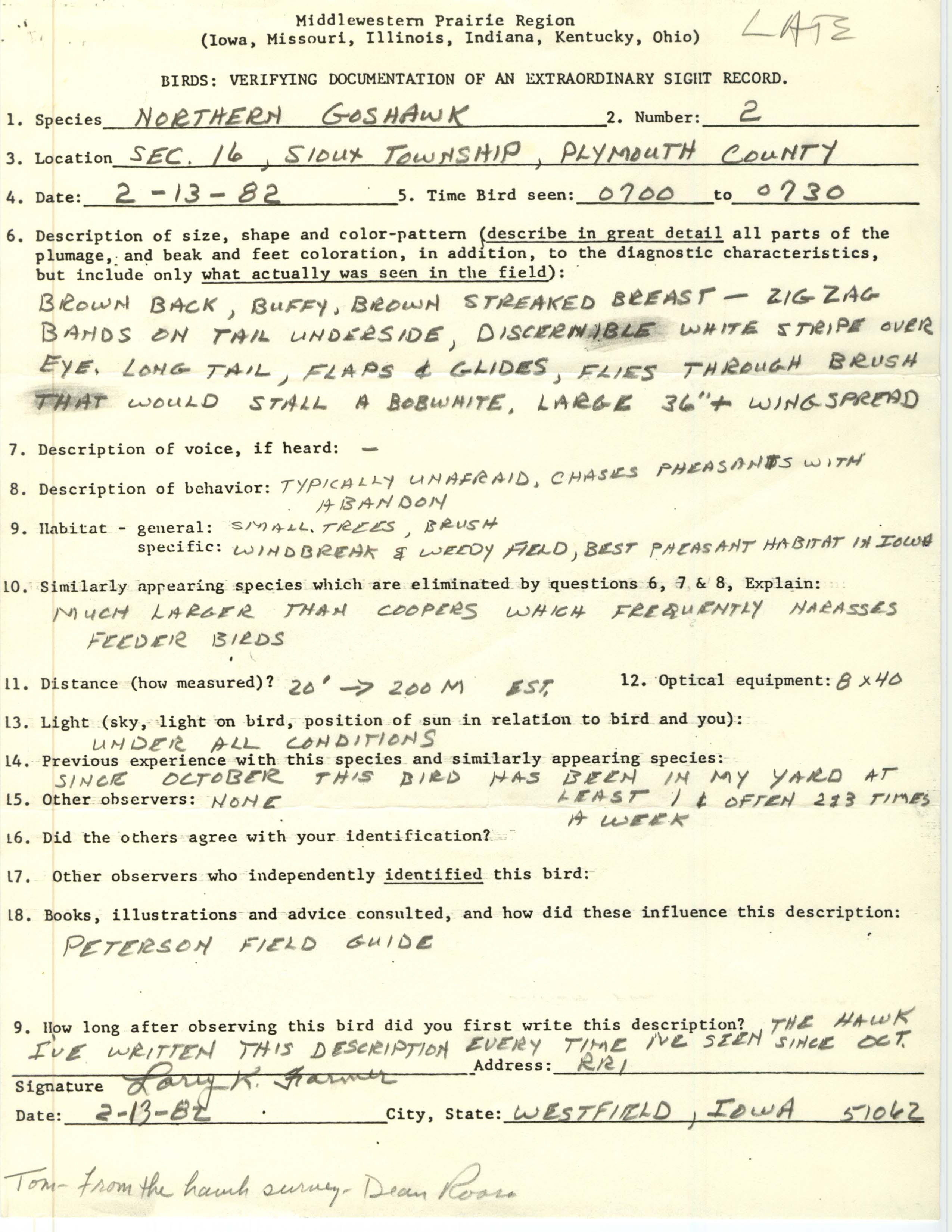 Rare bird documentation form for Northern Goshawk at Sioux Township, 1982