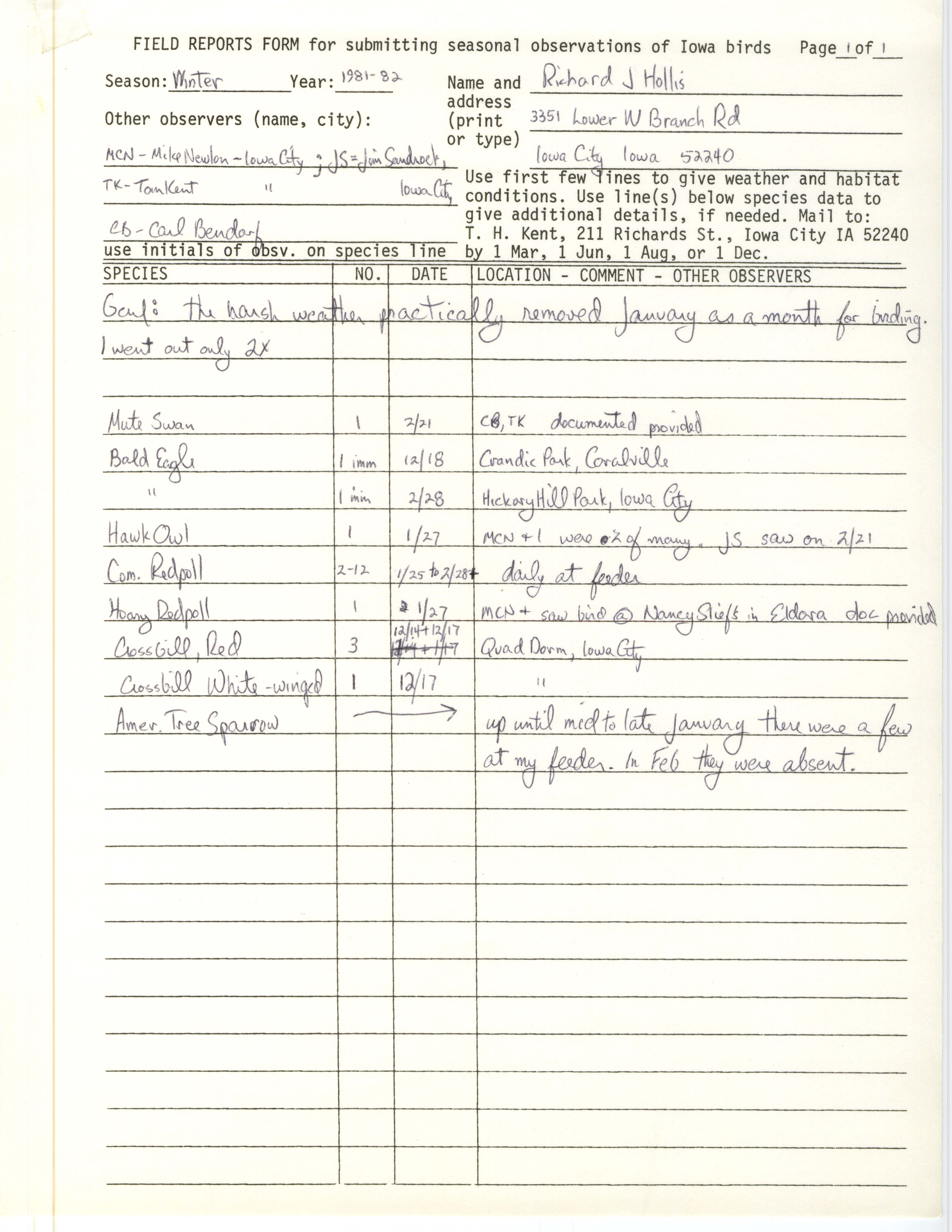 Field notes contributed by Richard Jule Hollis, winter 1981-1982