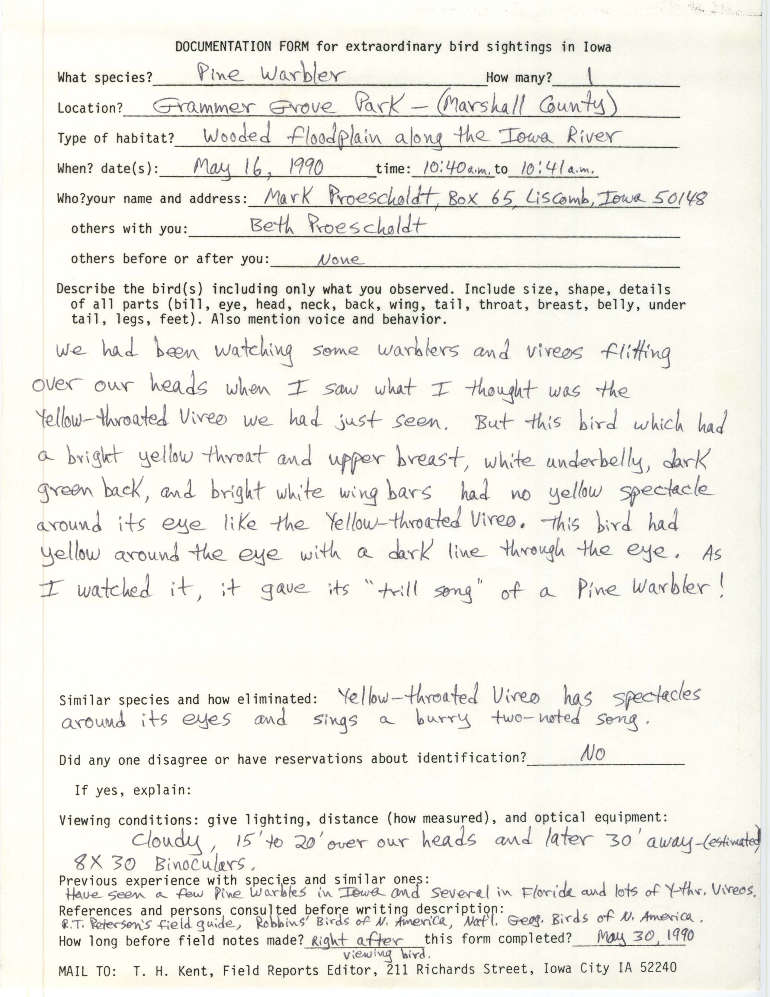 Rare bird documentation form for Pine Warbler at Grammer Grove Park, 1990