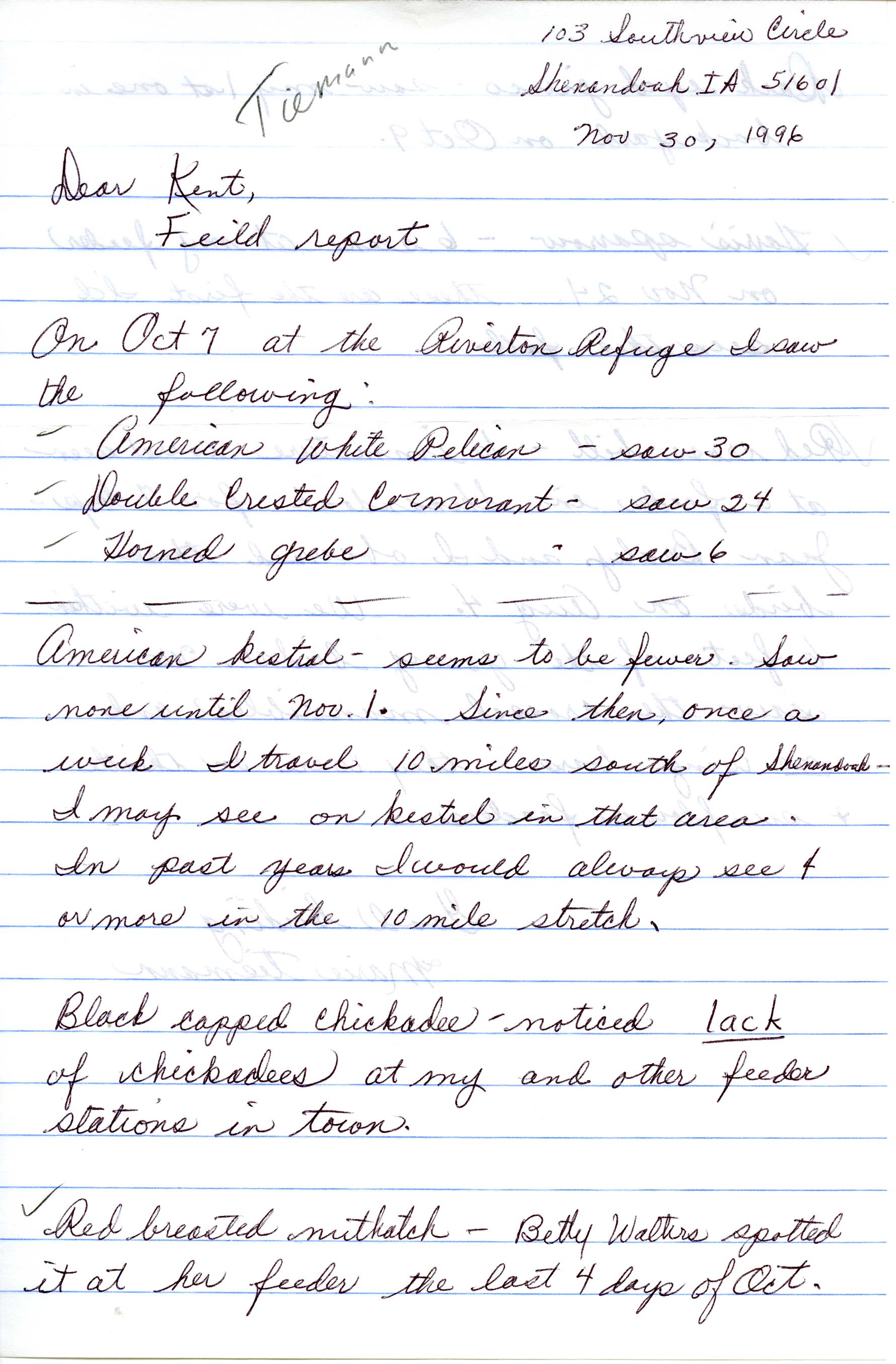 Marie E. Spears Tiemann letter to Thomas H. Kent regarding bird sightings, November 30, 1996