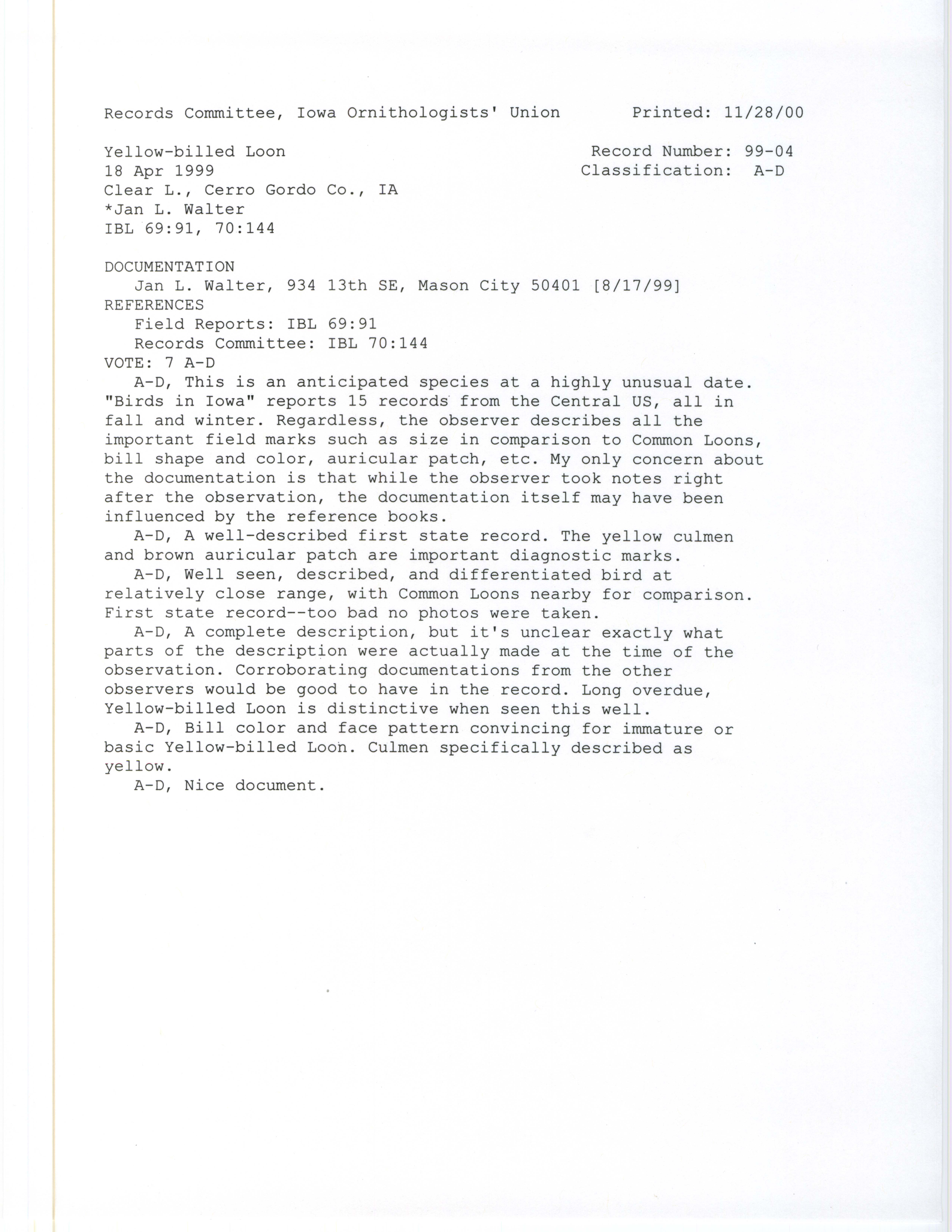 Records Committee review for rare bird sighting of Yellow-billed Loon at Clear Lake, 1999