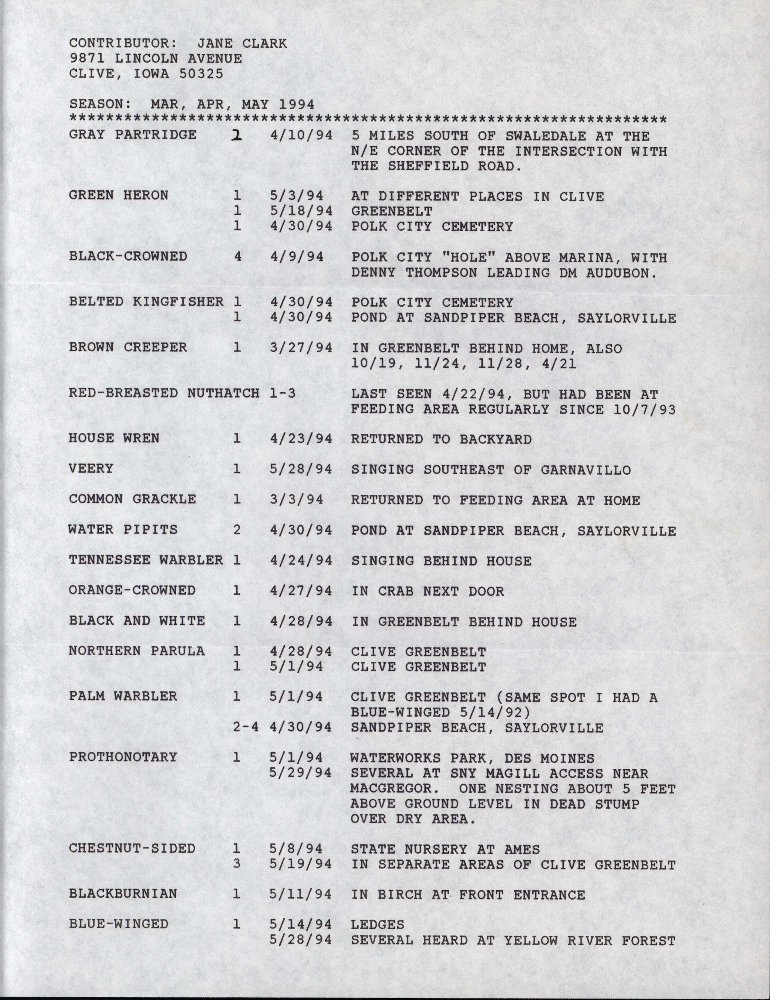 Annotated bird sighting list for Spring 1994 compiled by Jane Clark