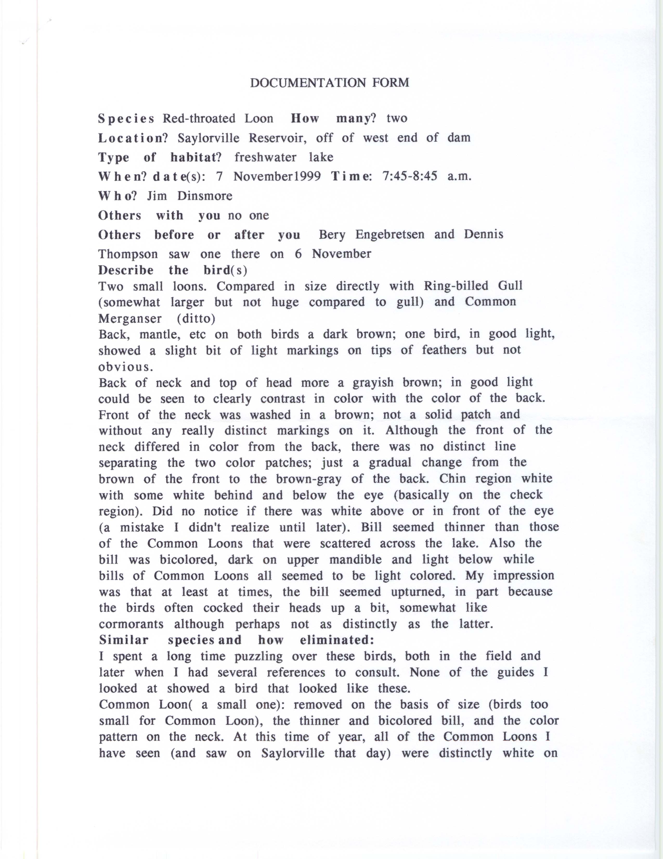 Rare bird documentation form for Red-throated Loon at Saylorville Reservoir, 1999