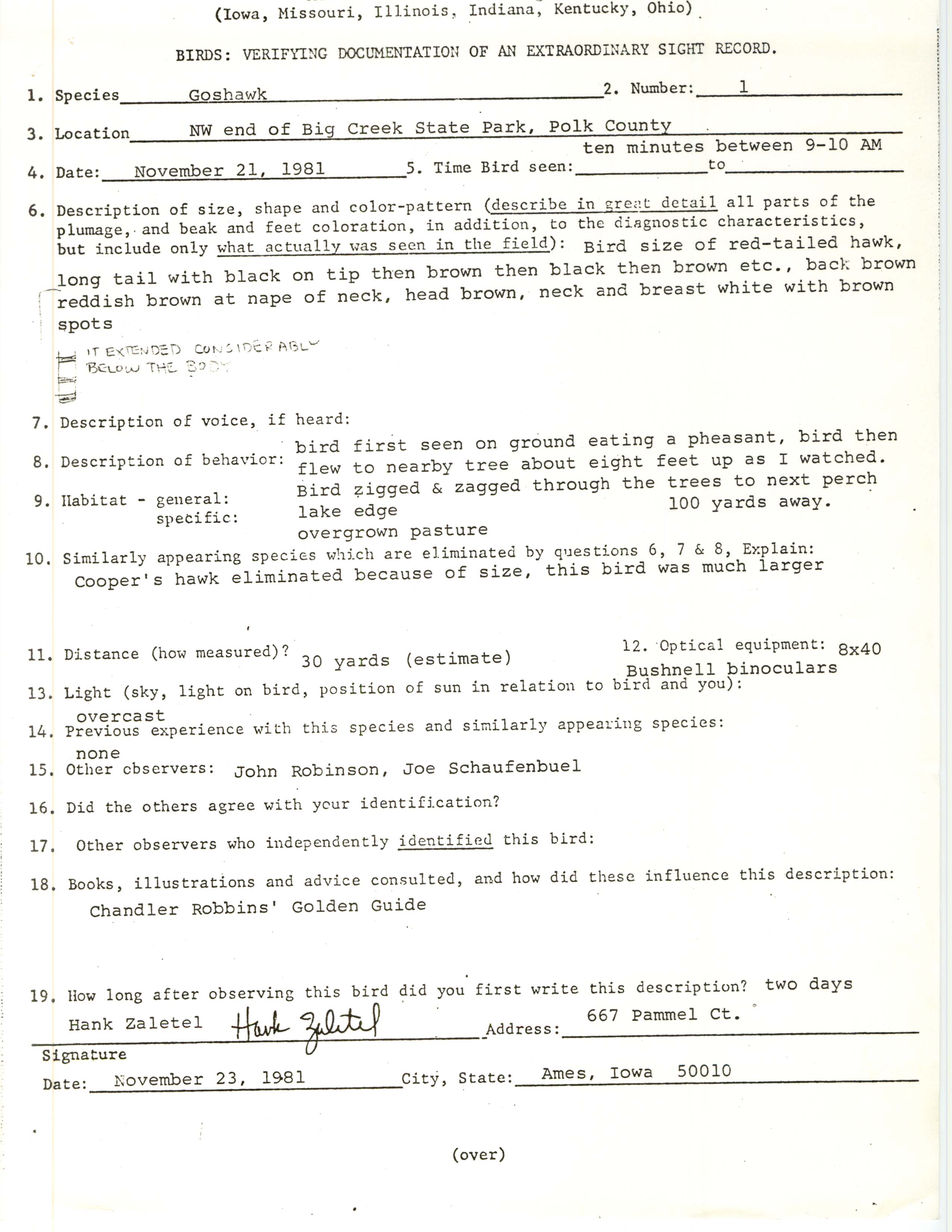 Rare bird documentation form for Northern Goshawk at Big Creek State Park, 1981