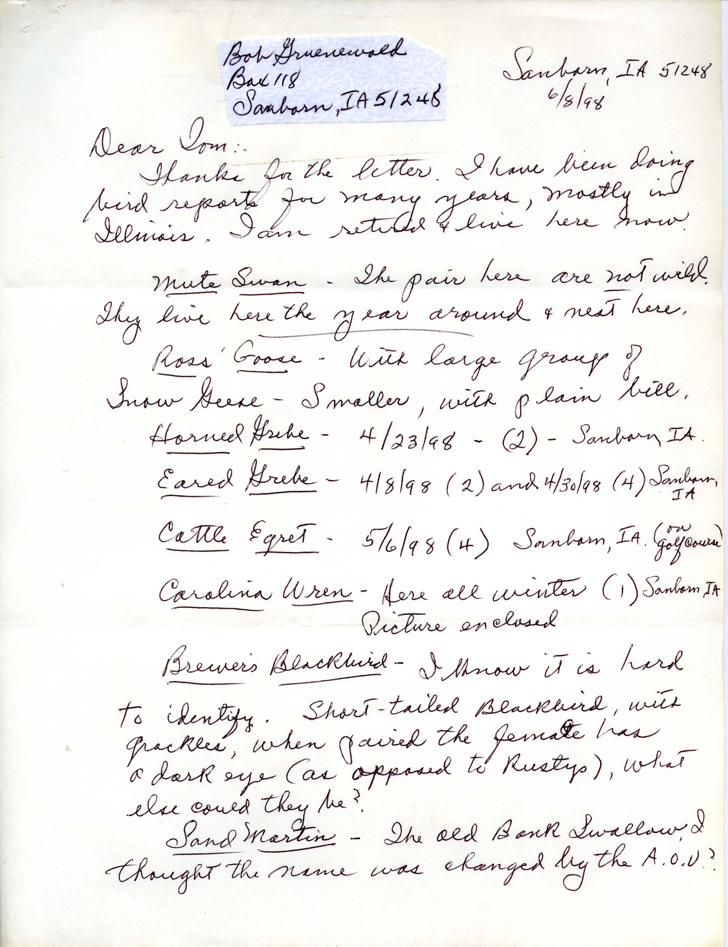 Robert Gruenewald letter to Thomas Kent regarding bird sightings, June 8, 1998