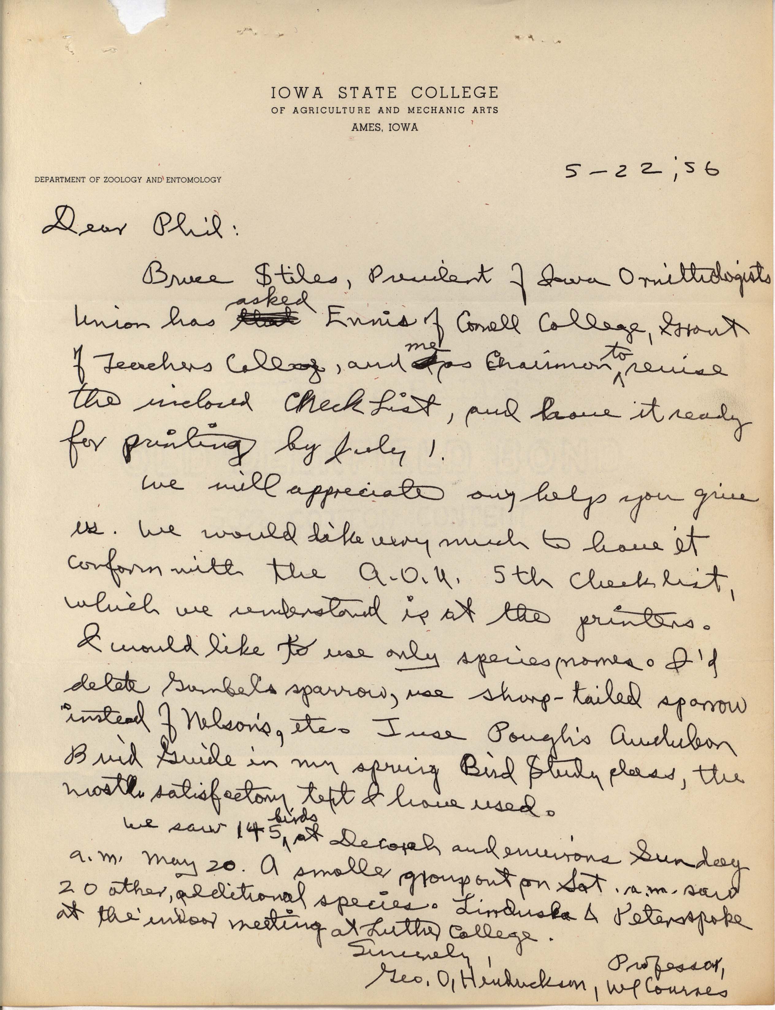 George Hendrickson letter to Philip DuMont regarding revising the Iowa Bird checklist, May 22, 1956