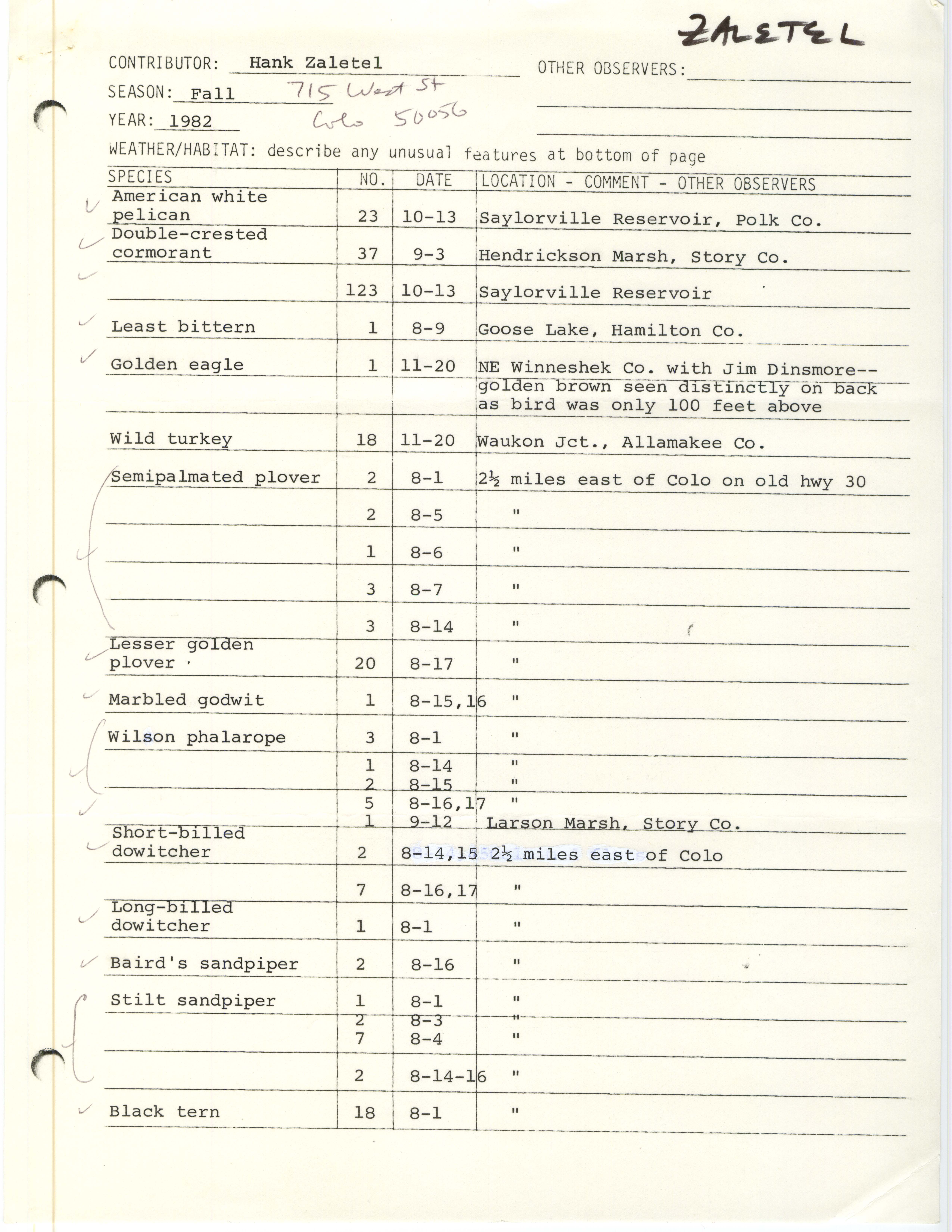 Field notes contributed by Hank Zaletel, fall 1982