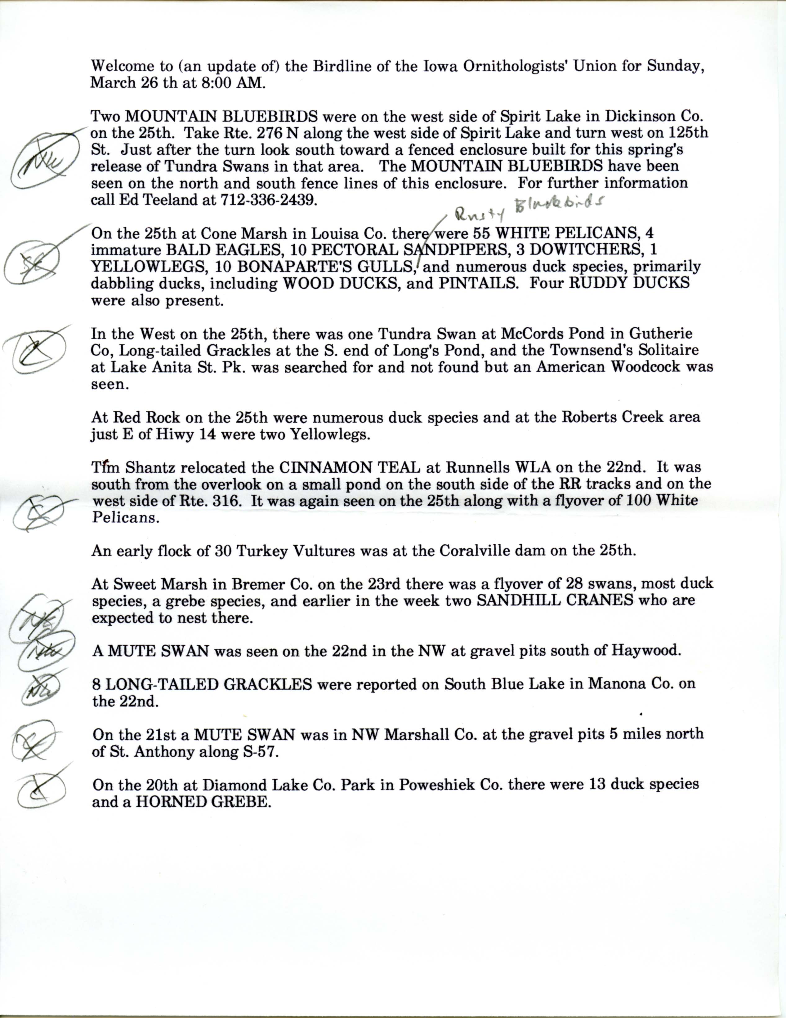 Iowa Birdline update, March 20-26, 1995