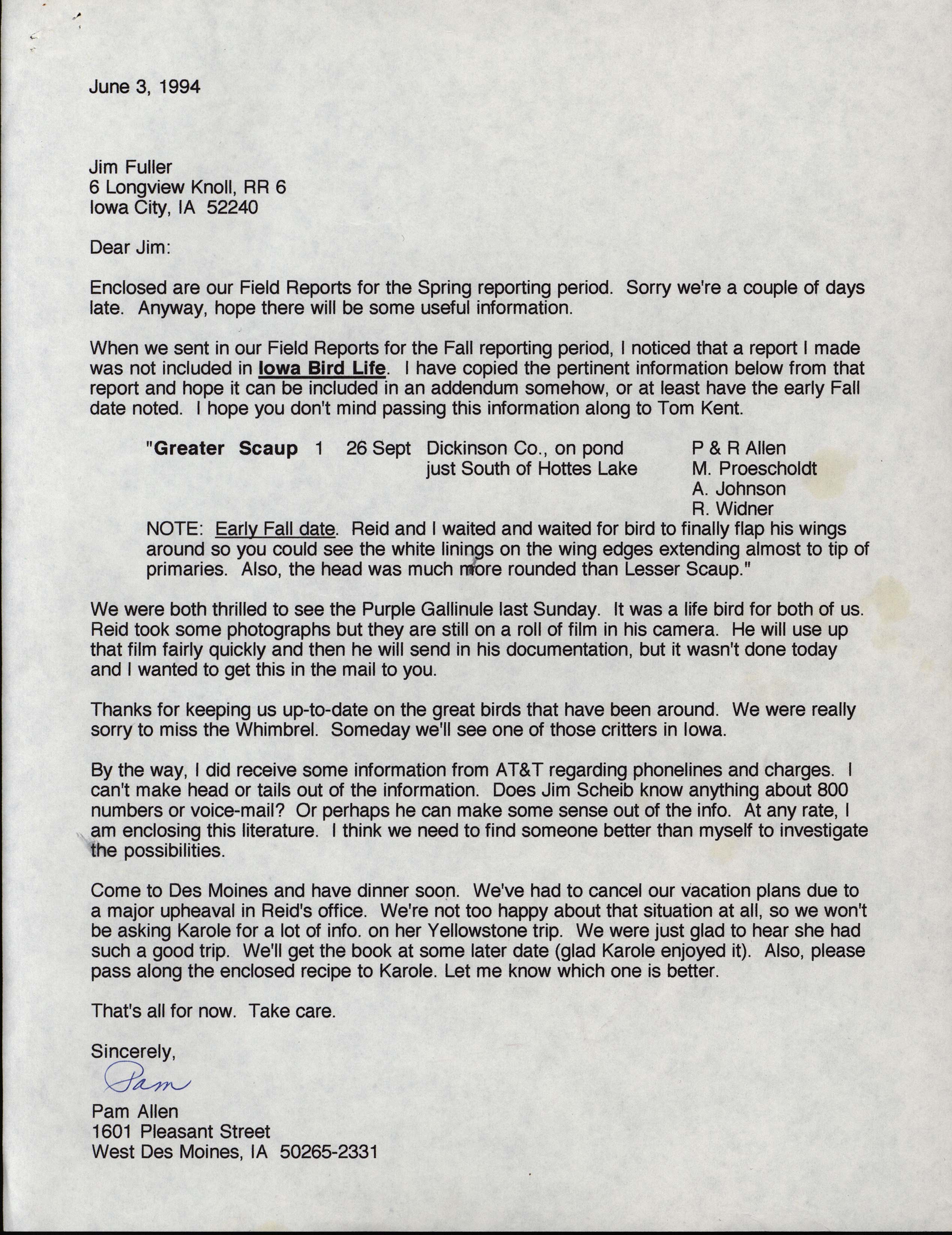 Pam Allen letter to Jim Fuller regarding Greater Scaup addendum for the Fall report, June 3, 1994