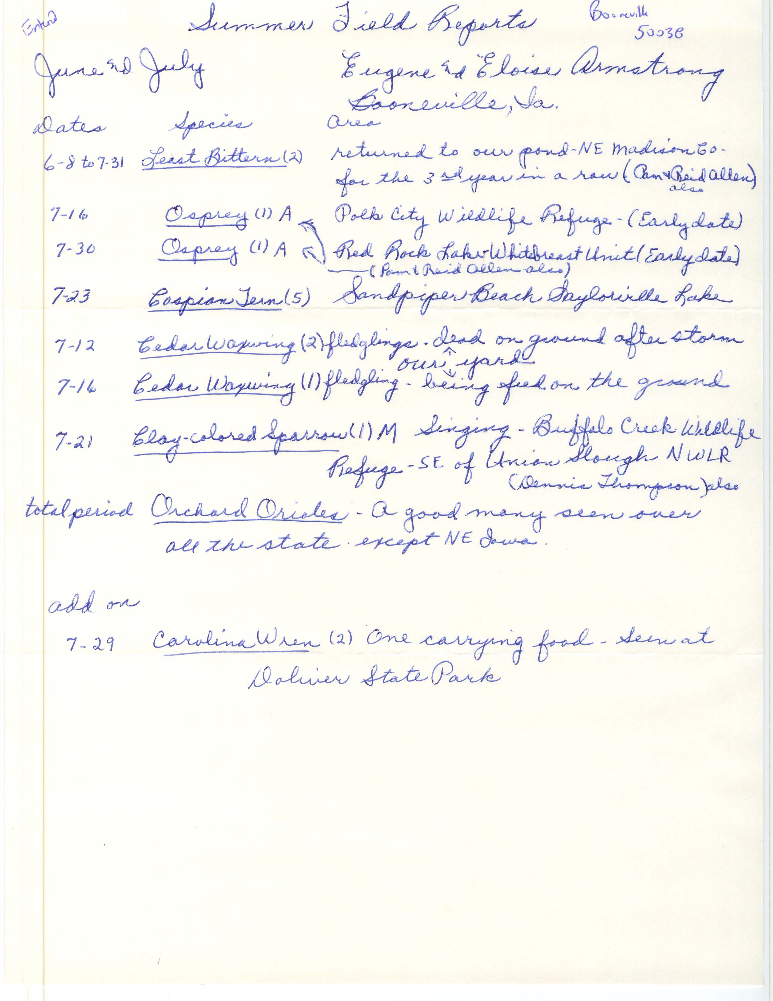 Field notes contributed by Eugene Armstrong and Eloise Armstrong, summer 1989