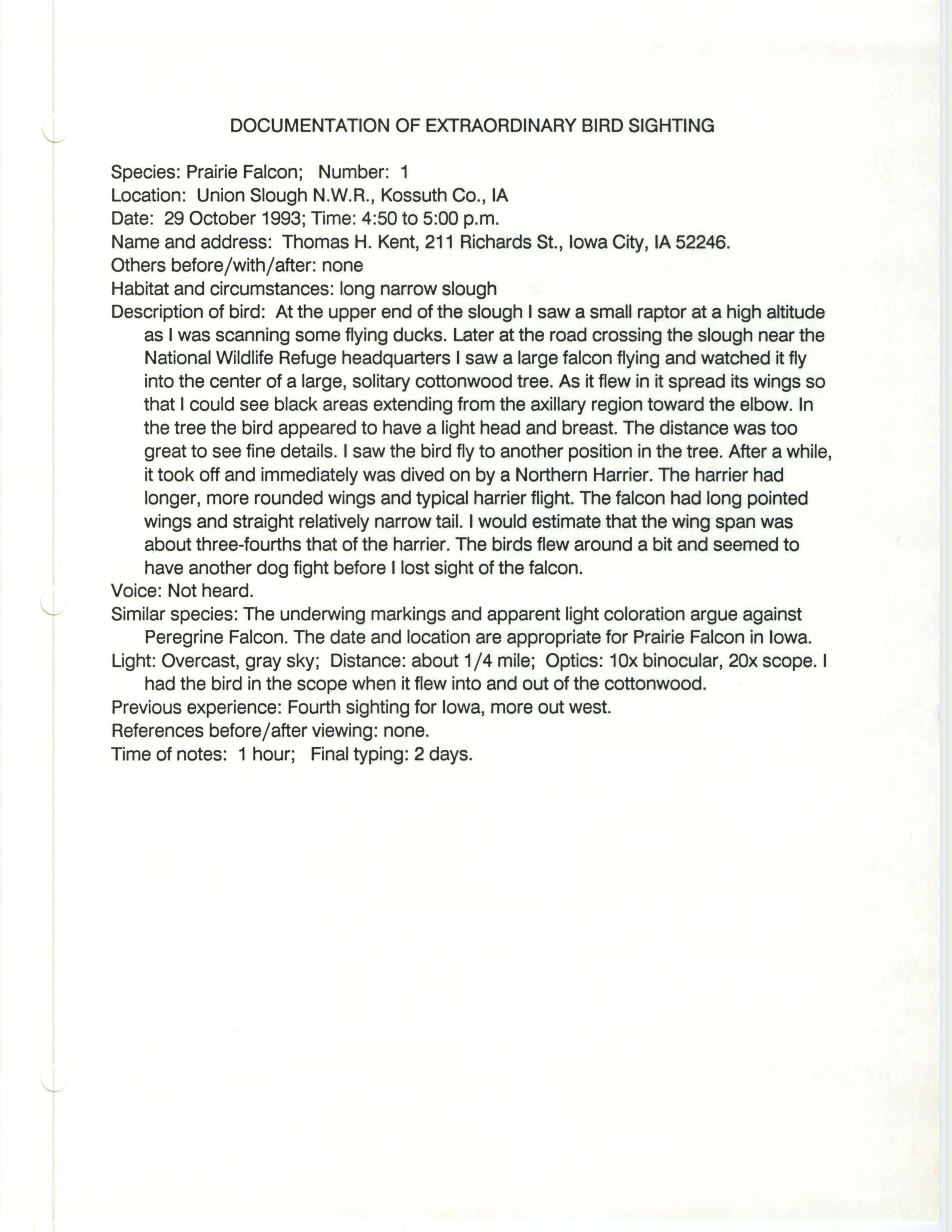 Rare bird documentation form for Prairie Falcon at Union Slough National Wildlife Refuge, 1993