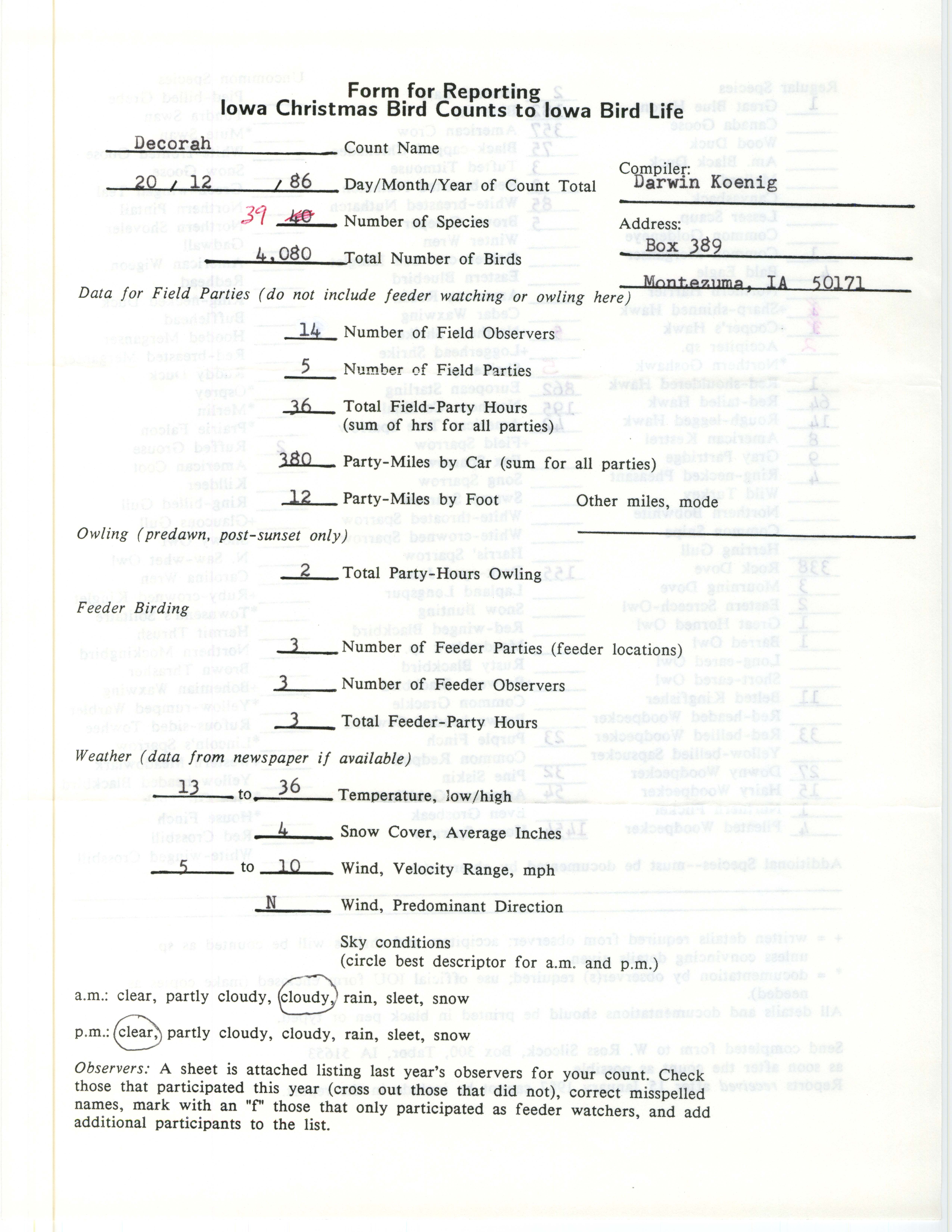 Form for reporting Iowa Christmas bird counts to Iowa Bird Life, Darwin Koenig, December 20, 1986