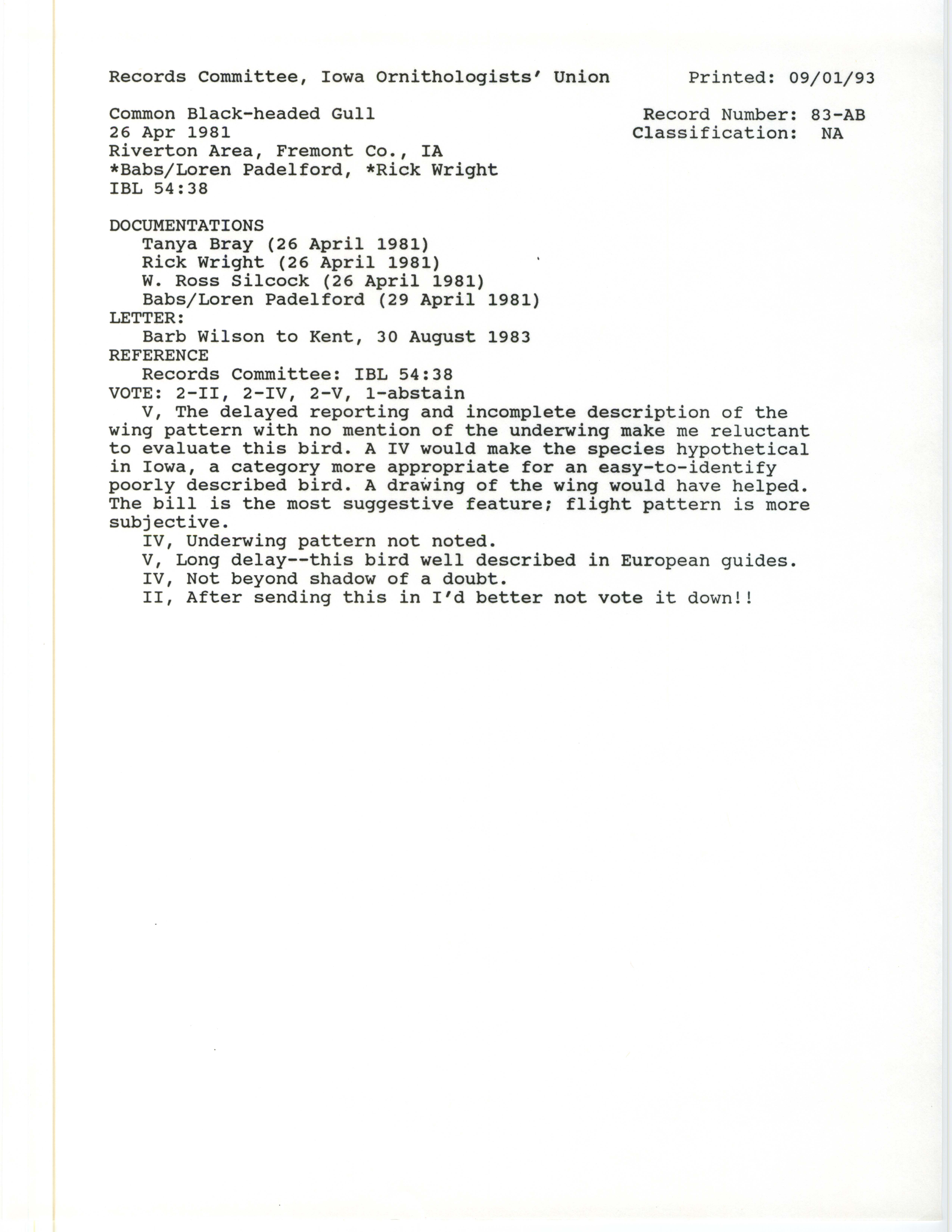 Records Committee review for rare bird sighting of Black-headed Gull at Riverton State Wildlife Management Area, 1981