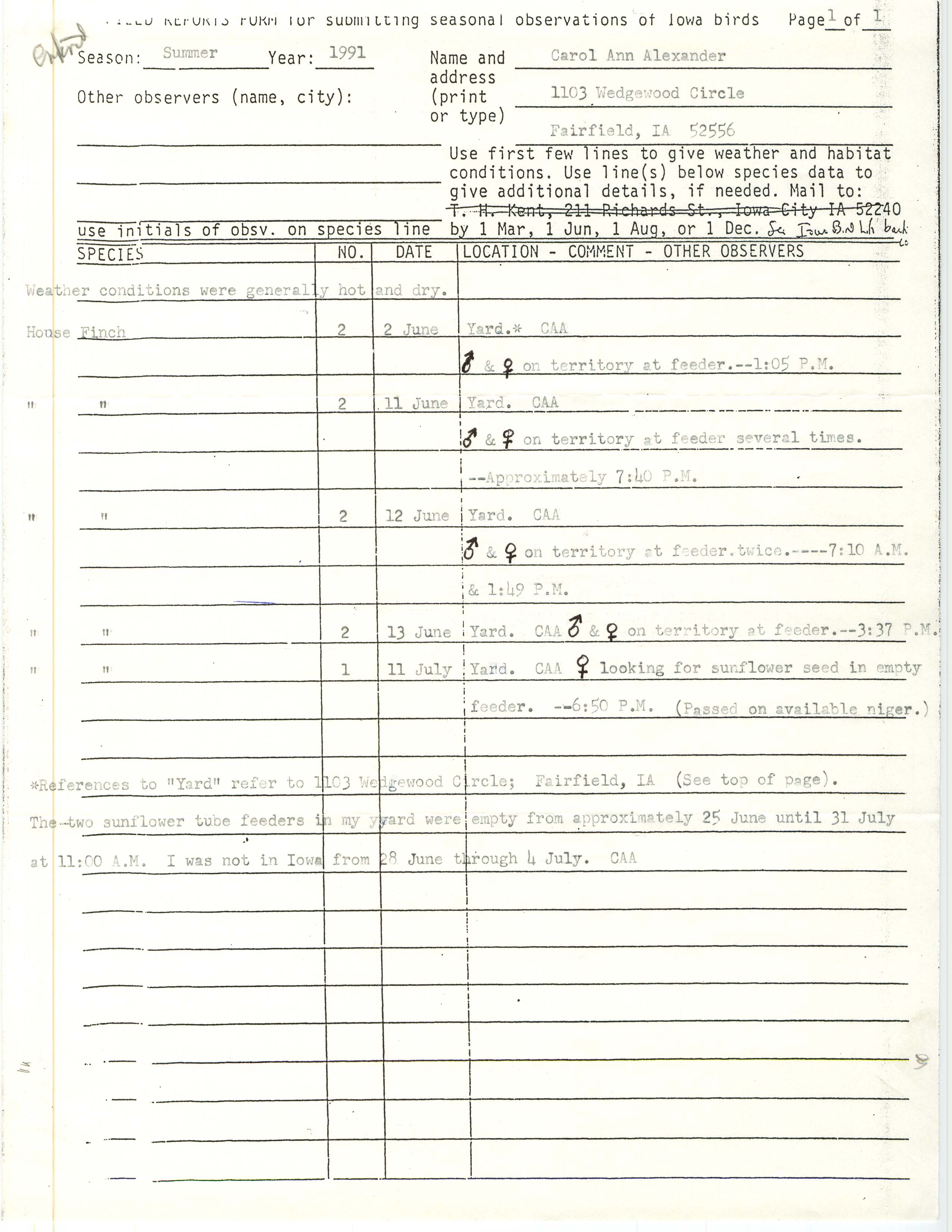Field reports form for submitting seasonal observations of Iowa birds, Carol Ann Alexander, summer 1991