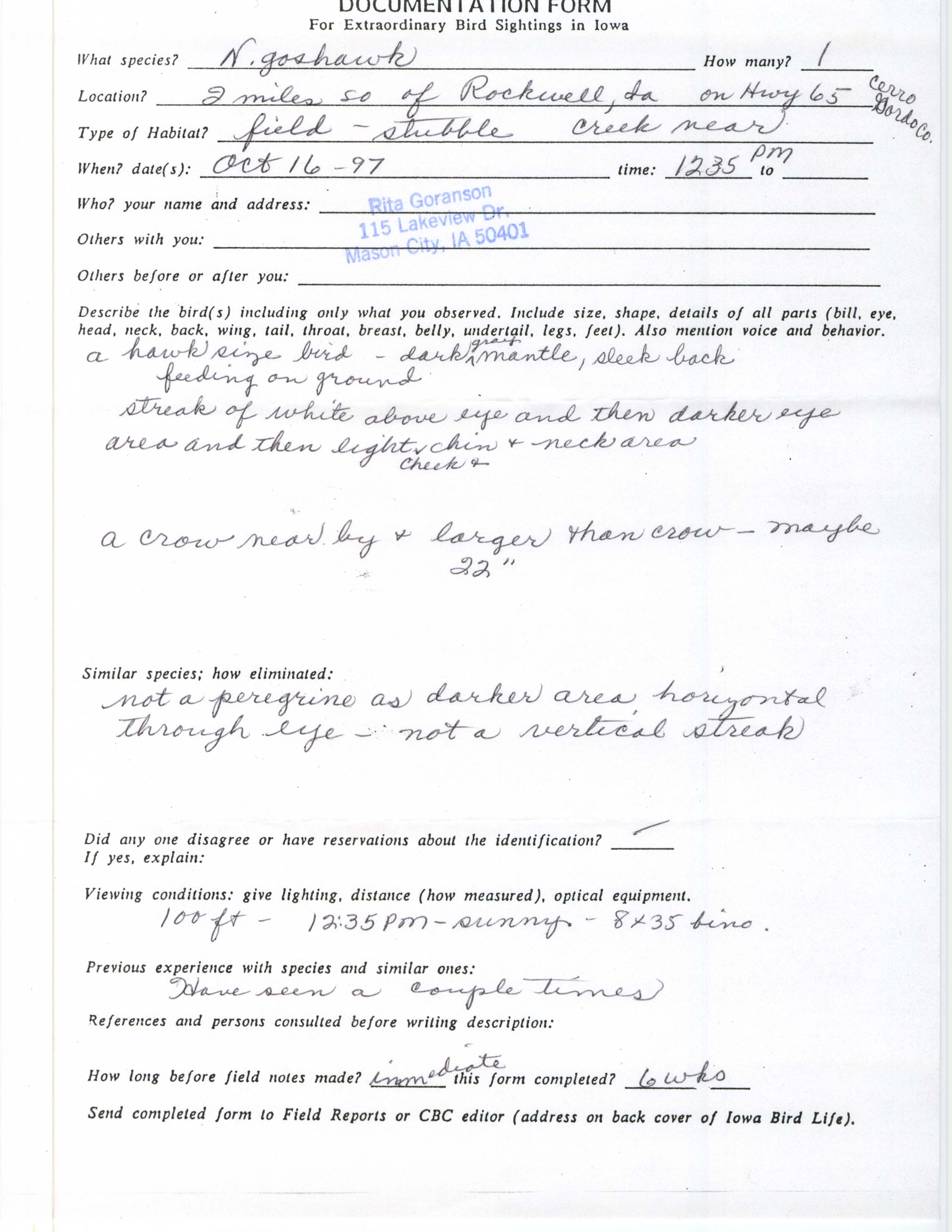 Rare bird documentation form for Northern Goshawk at Rockwell, 1997