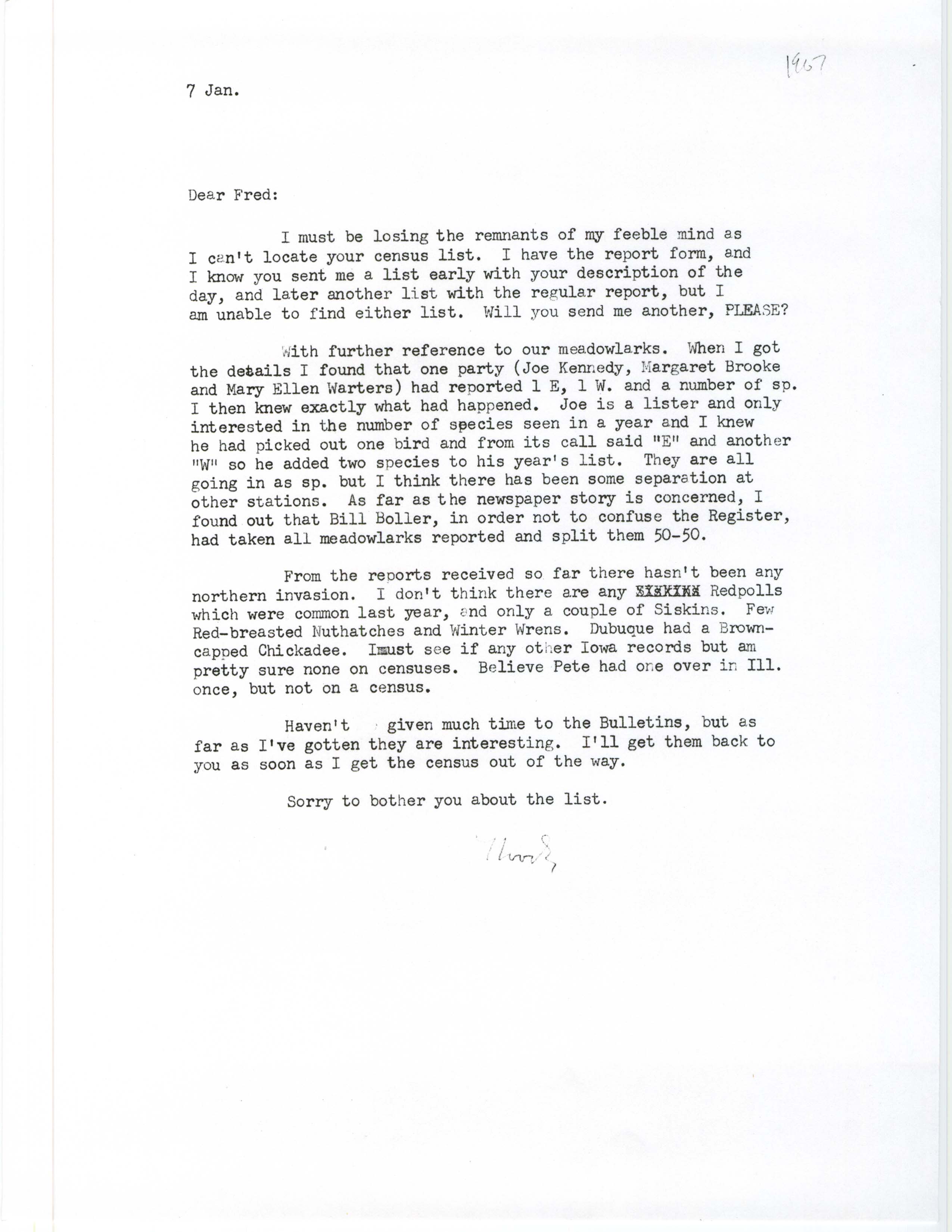 Woodward H. Brown letter to Fred Kent about birding sightings and reports, January 7, 1967