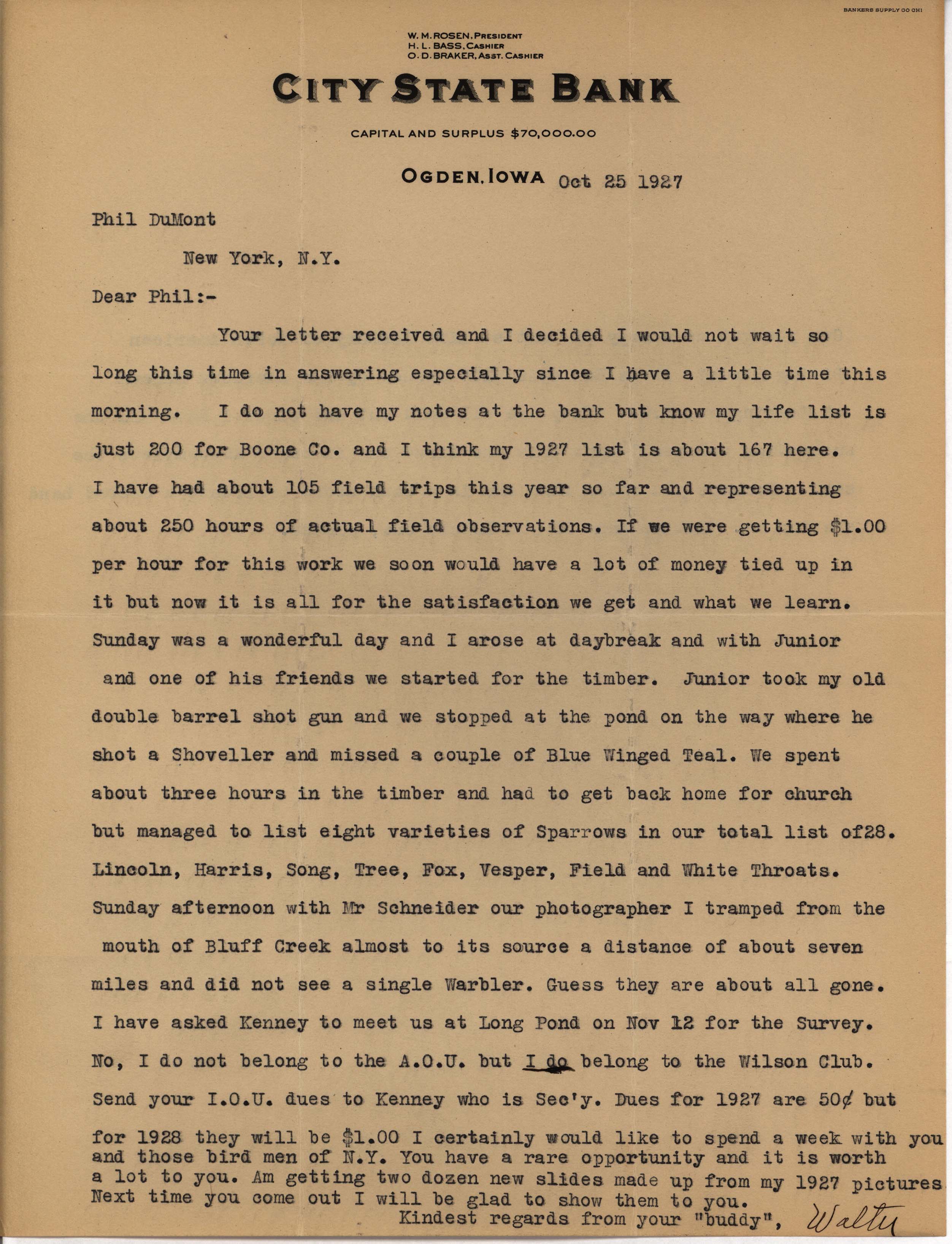 Walter Rosene letter to Philip DuMont regarding a recent outing and society memberships, October 27, 1927