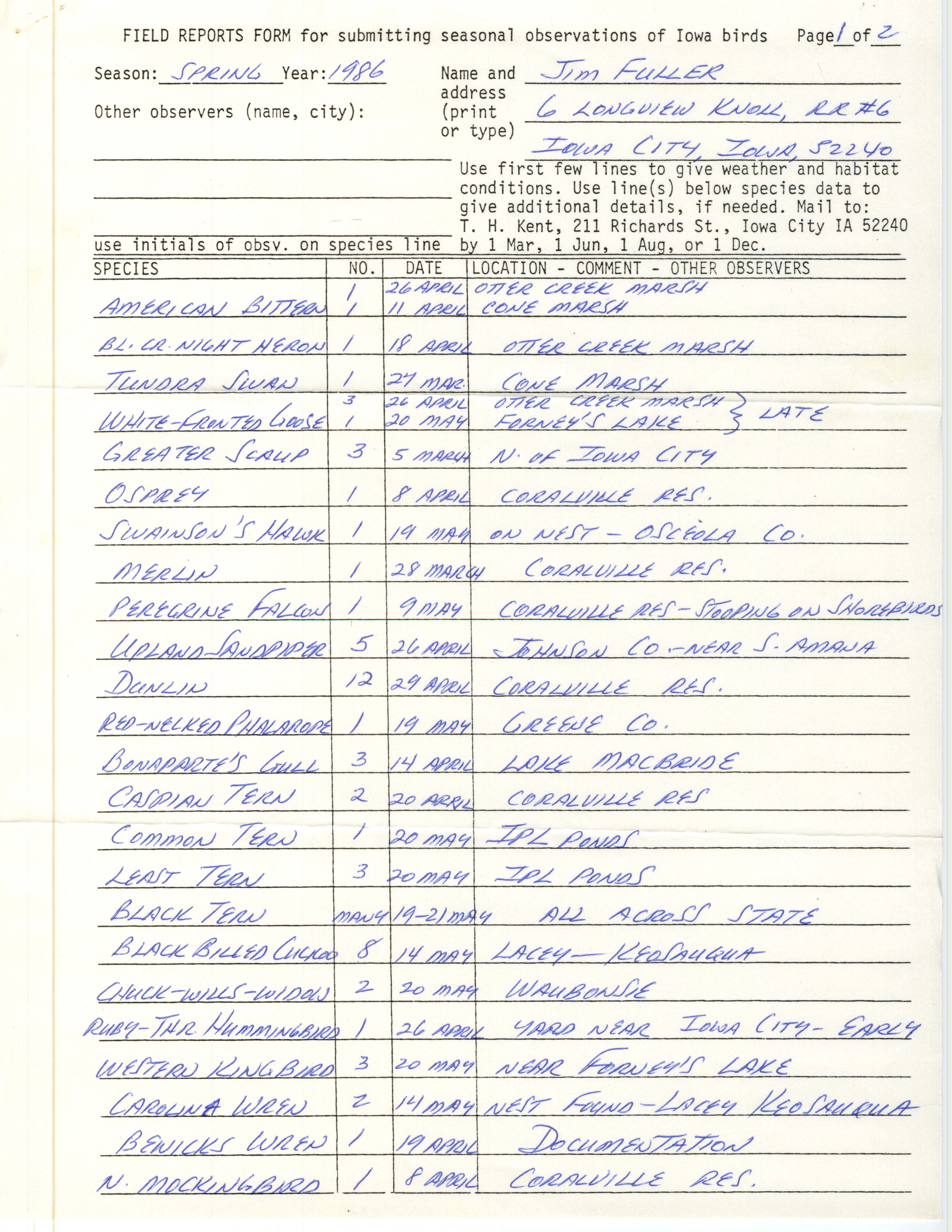 Field reports form for submitting seasonal observations of Iowa birds, Jim Fuller, Spring 1986