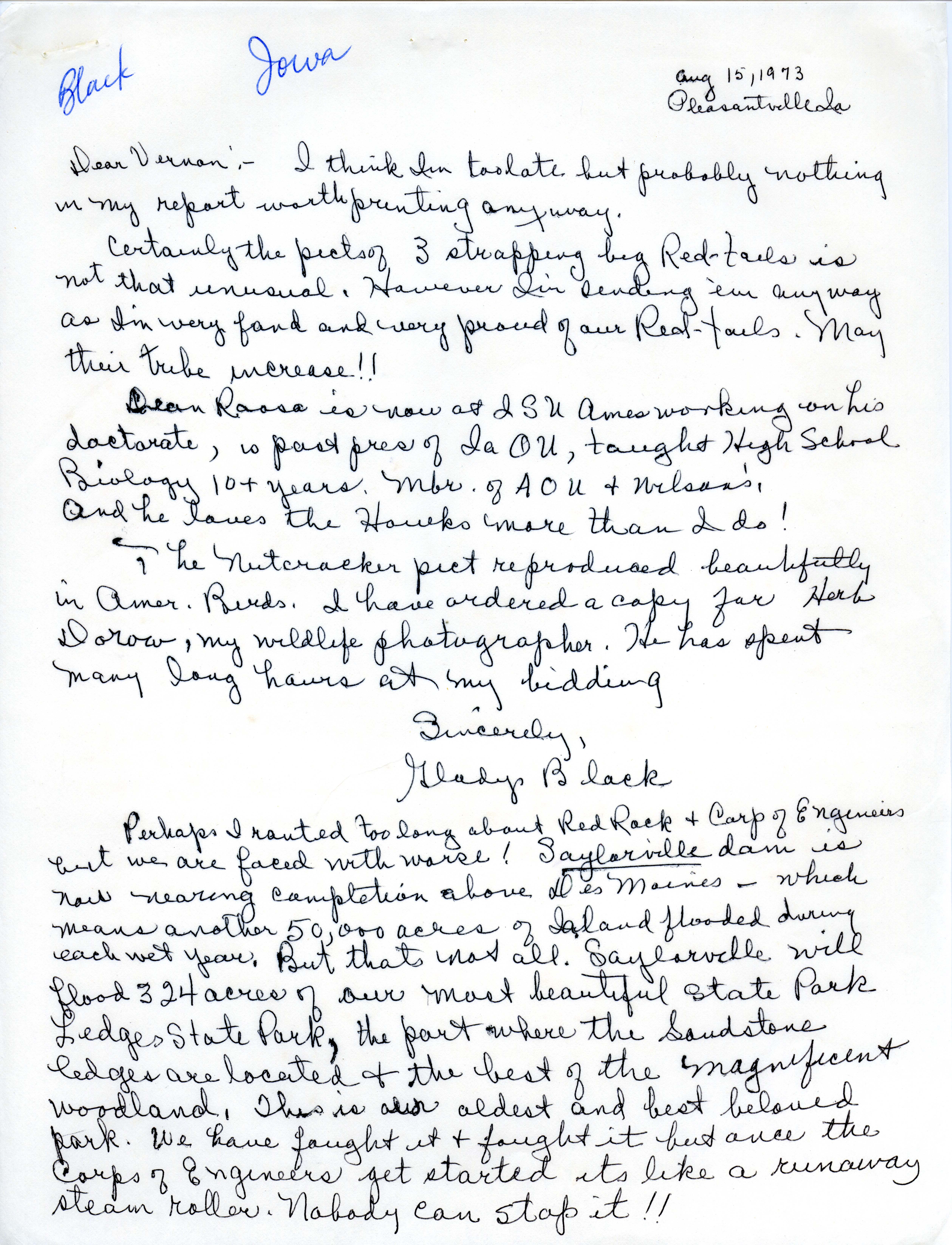 Gladys Black letter to Vernon M. Kleen regarding changes in habitat and birds sighted at the Red Rock Refuge and Pleasantville, Iowa area, August 15, 1973