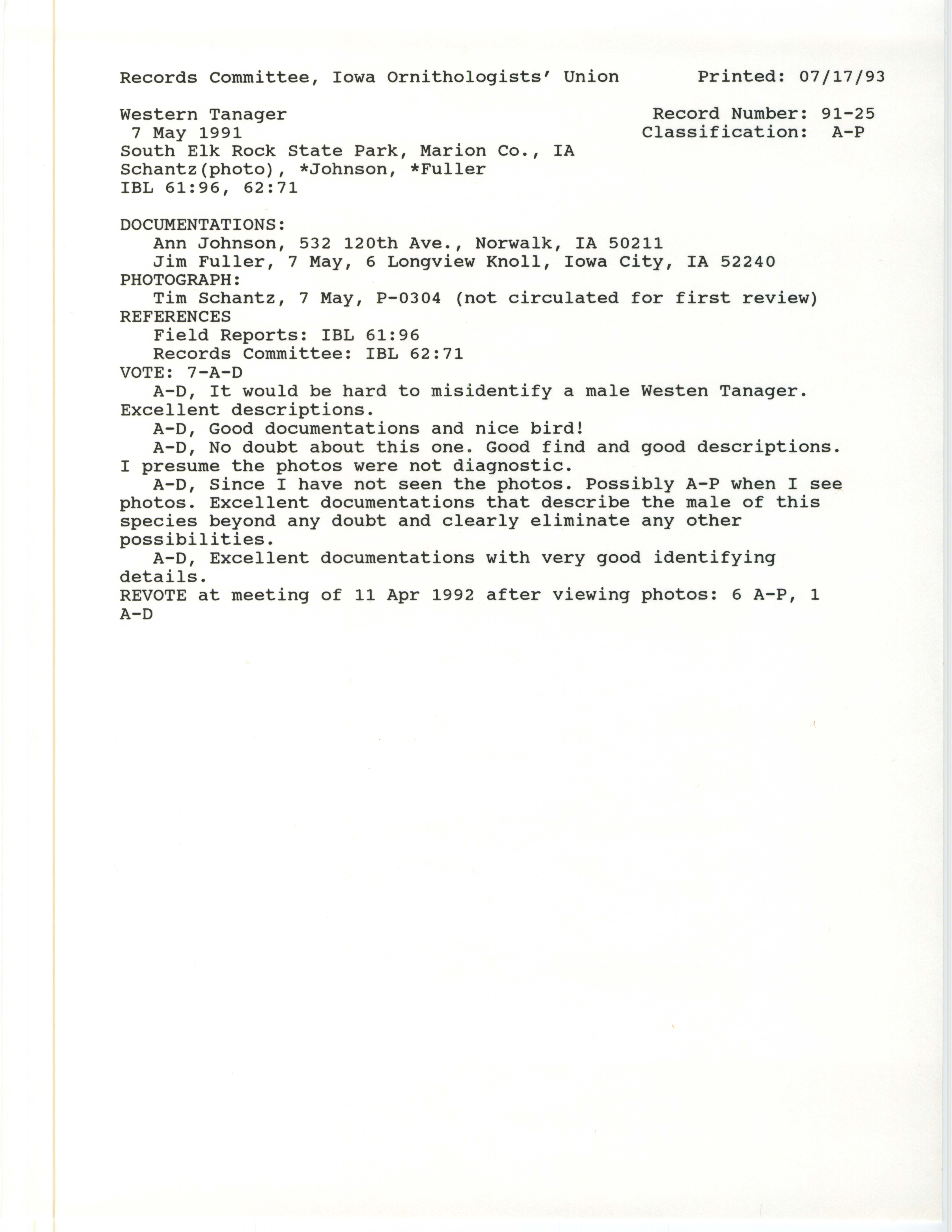 Records Committee review for rare bird sighting for Western Tanager at Elk Rock State Park, 1991