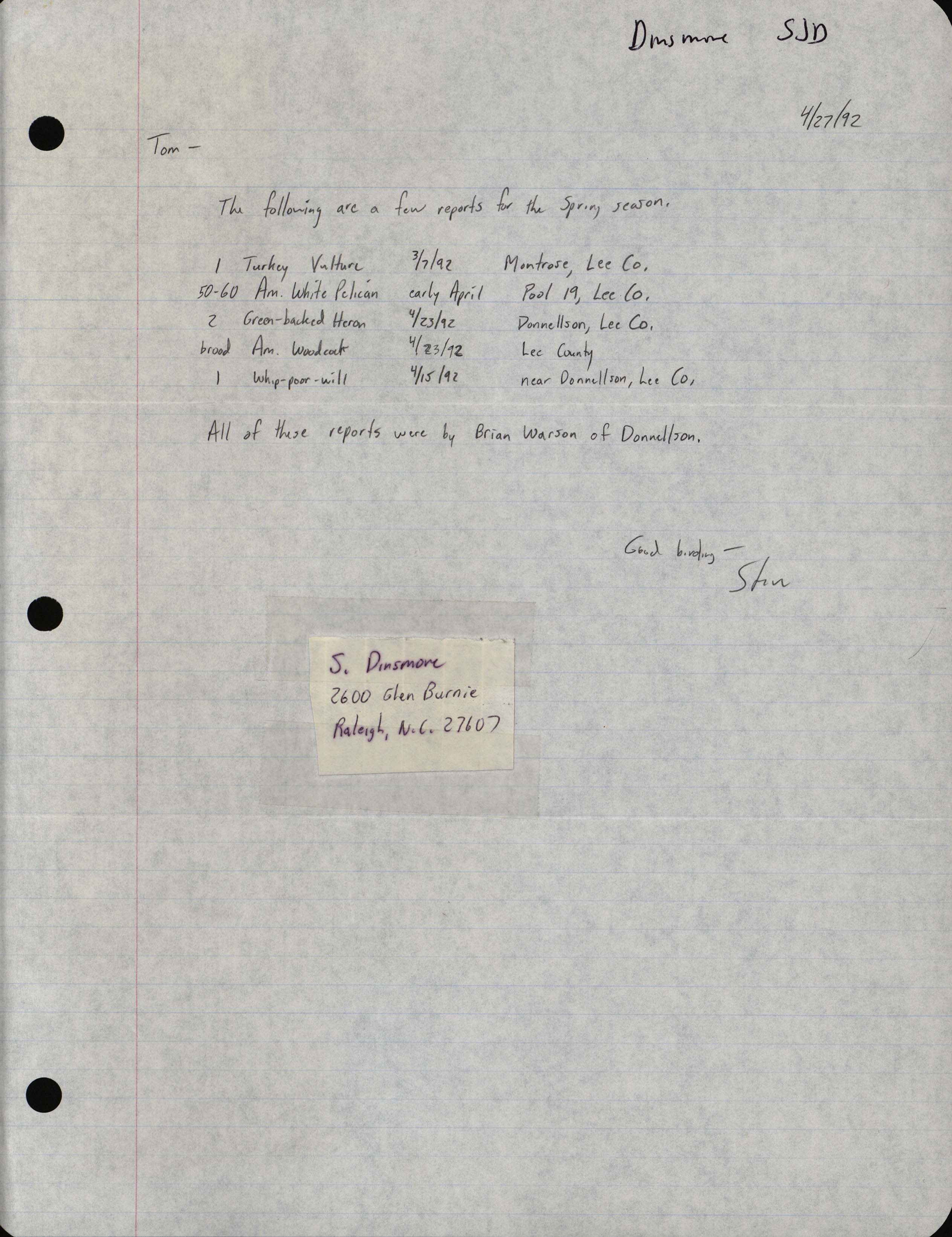 Stephen J. Dinsmore letter to Thomas H. Kent regarding bird sightings, April 27, 1992