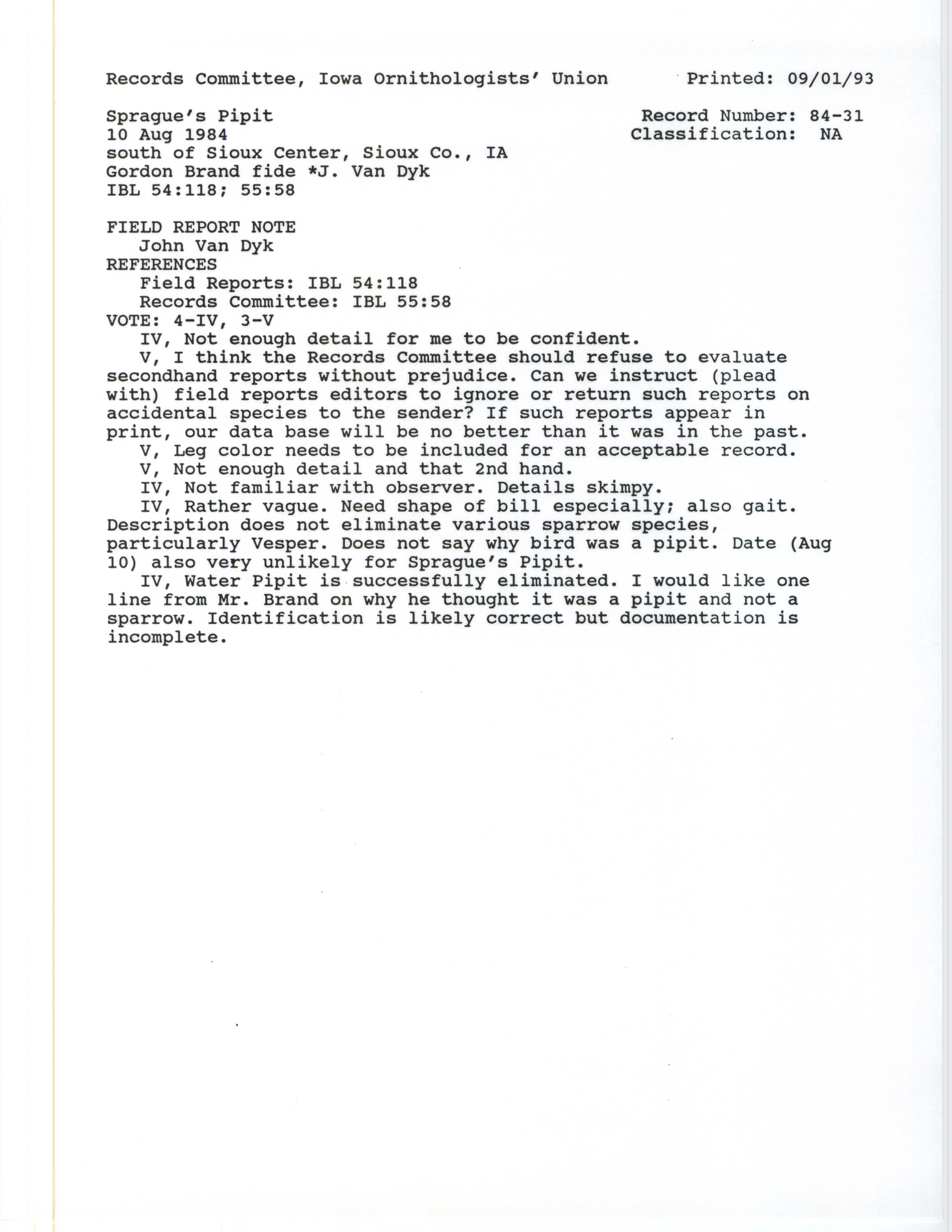 Records Committee review for rare bird sighting for Sprague's Pipit south of Sioux Center in 1984