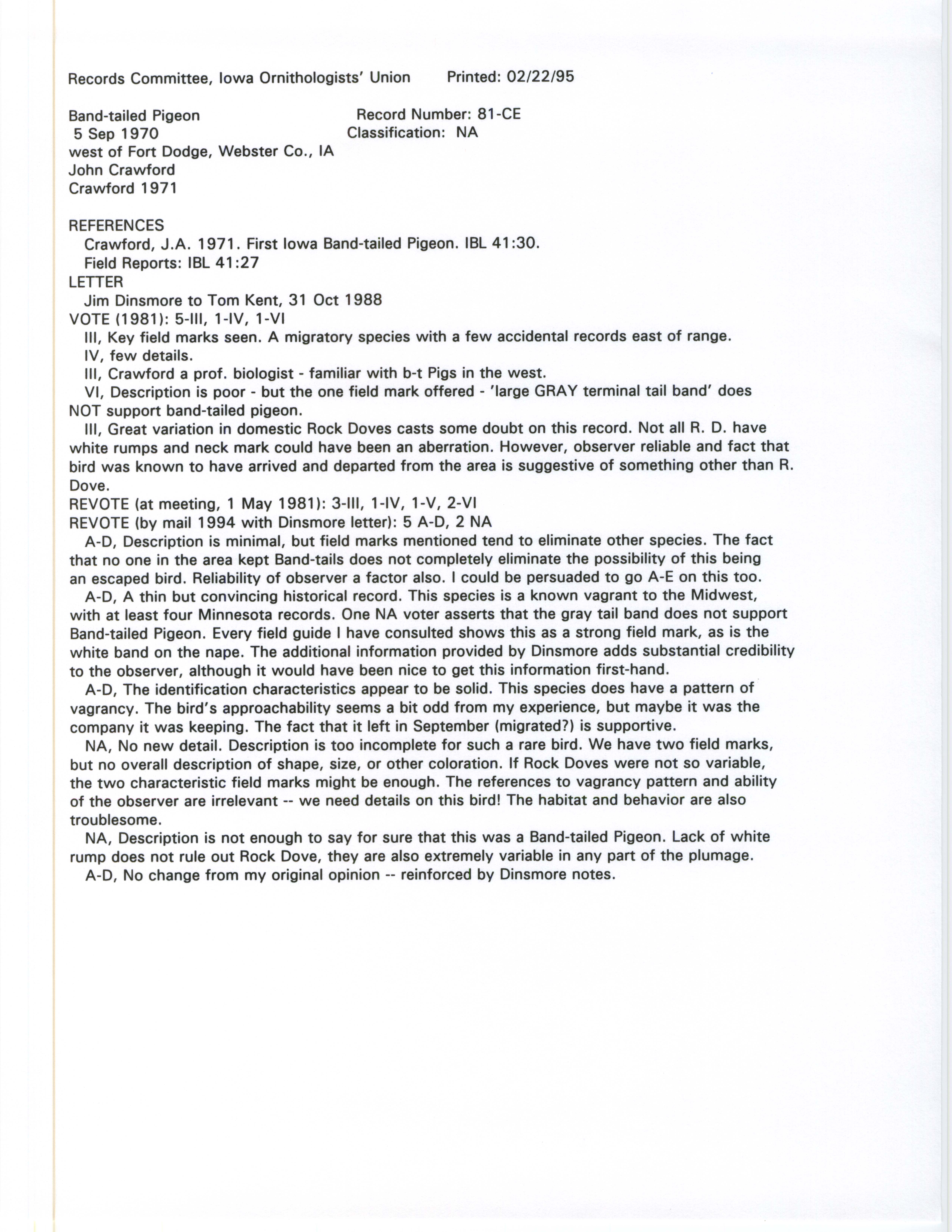 Records Committee review for rare bird sighting of Band-tailed Pigeon west of Fort Dodge, 1970