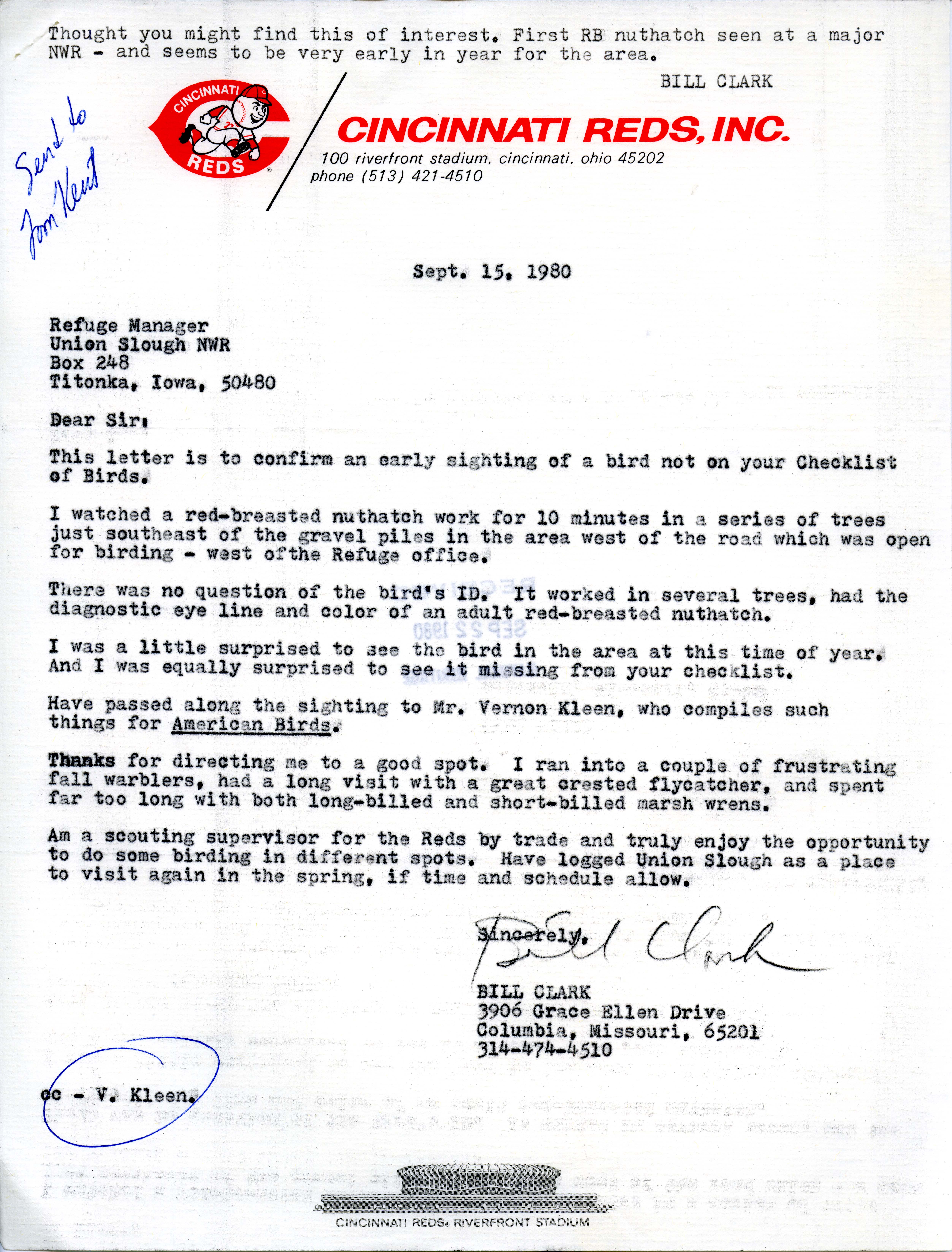 Bill Clark letter to the Union Slough Refuge Manager regarding an early sighting of a Red-breasted Nuthatch, September 15, 1980