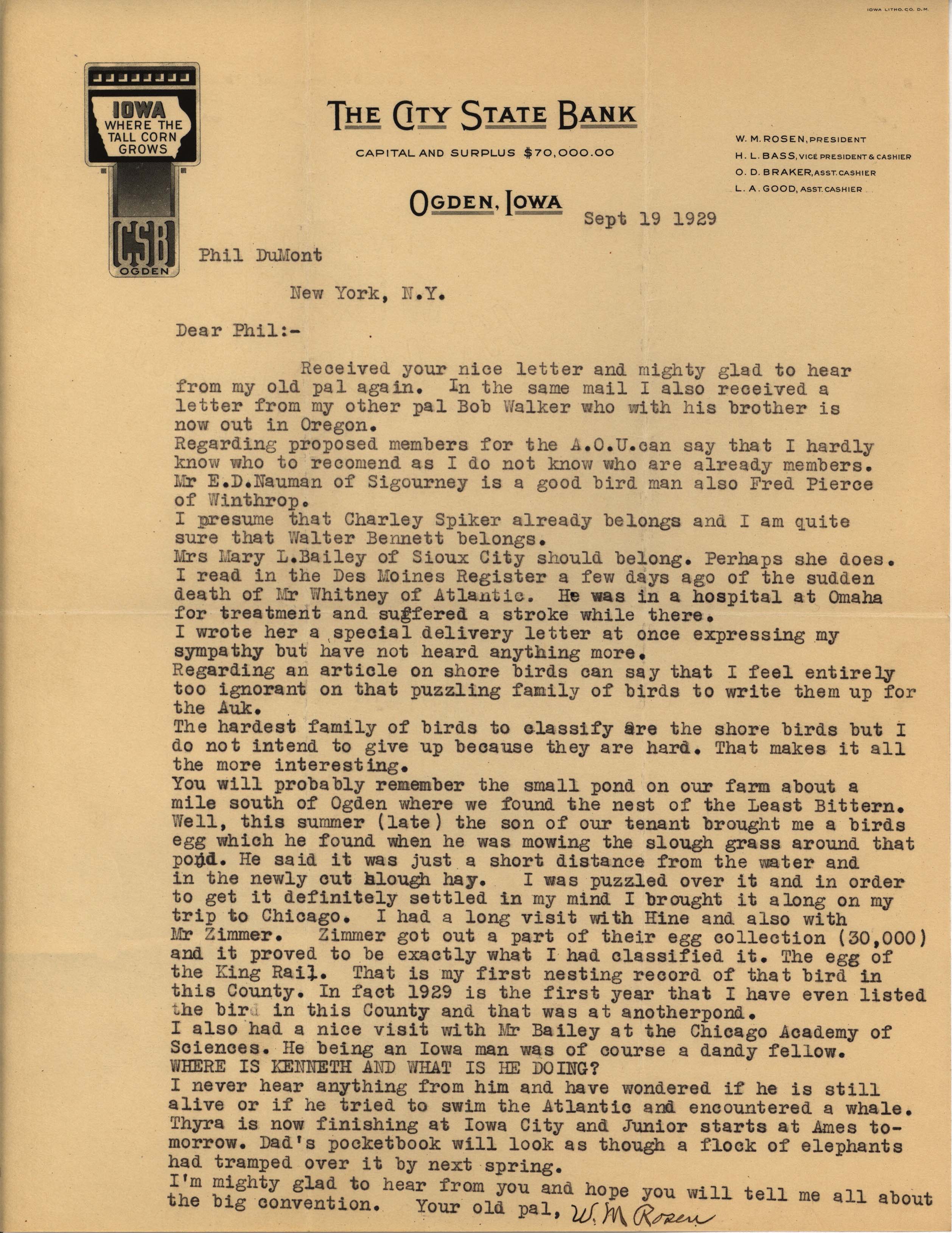 Walter Rosene letter to Philip DuMont regarding proposed members for the American Ornithologists' Union, September 19, 1929