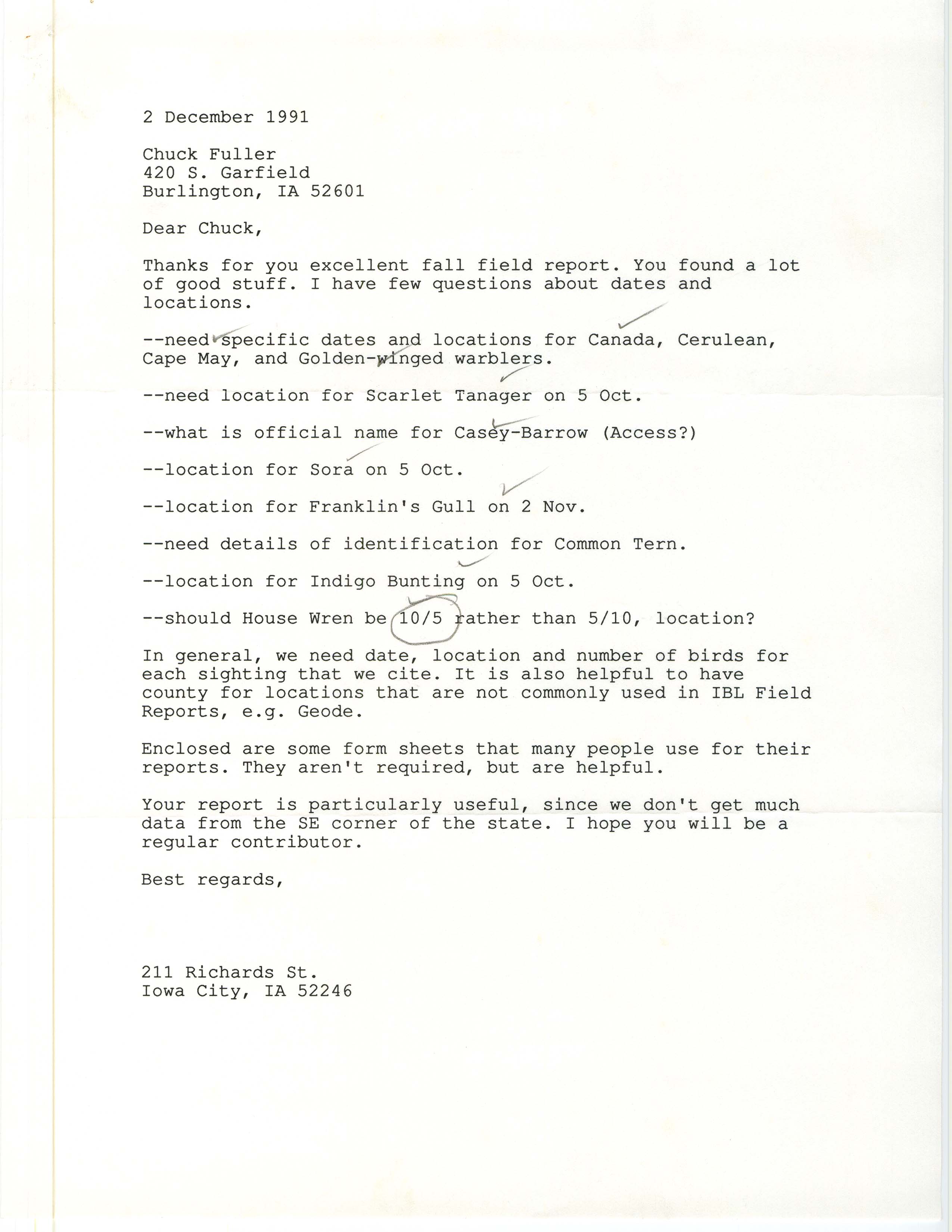 Thomas H. Kent letter to Charles Fuller requesting additional bird sighting details, December 2, 1991