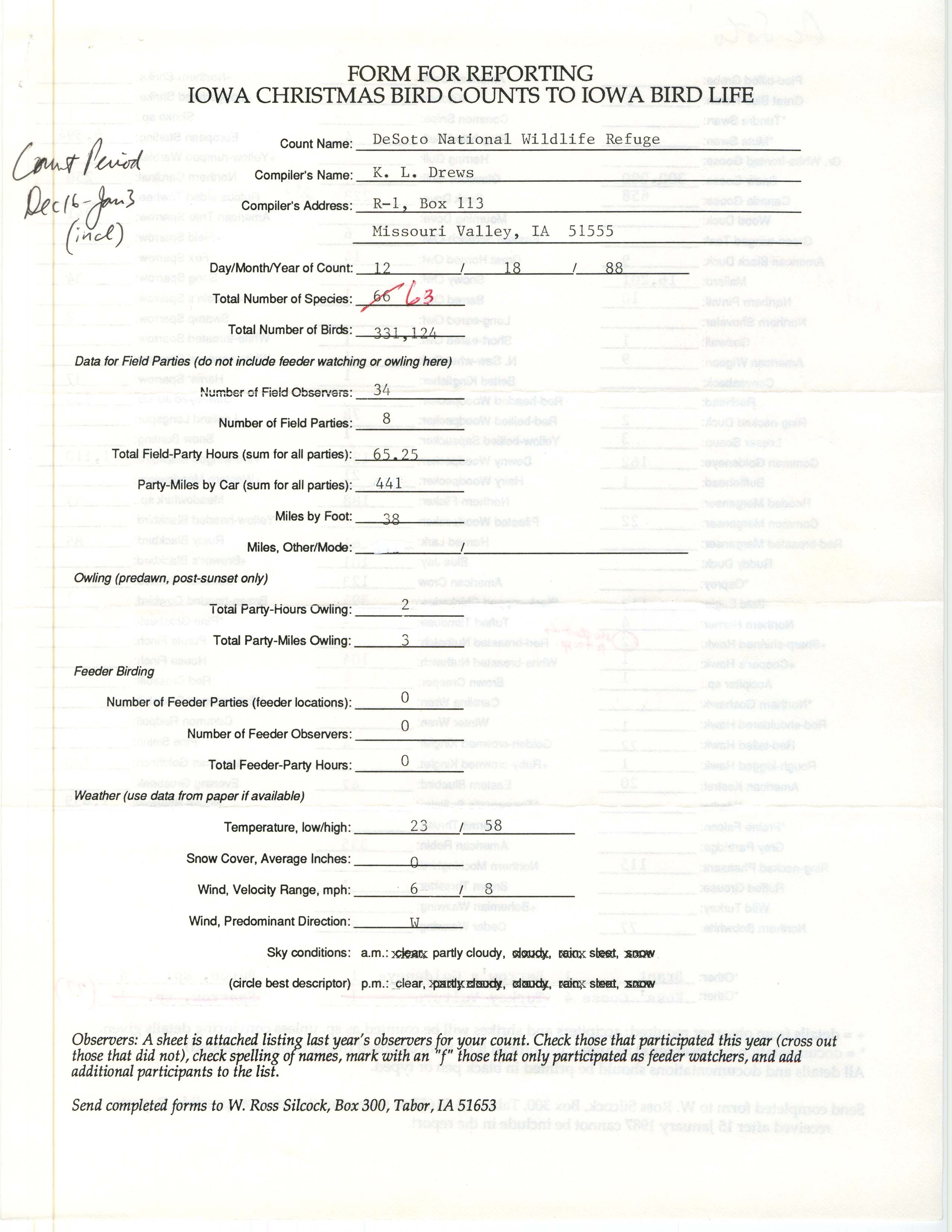 Form for reporting Iowa Christmas bird counts to Iowa Bird Life, K. L. Drews, December 18, 1988
