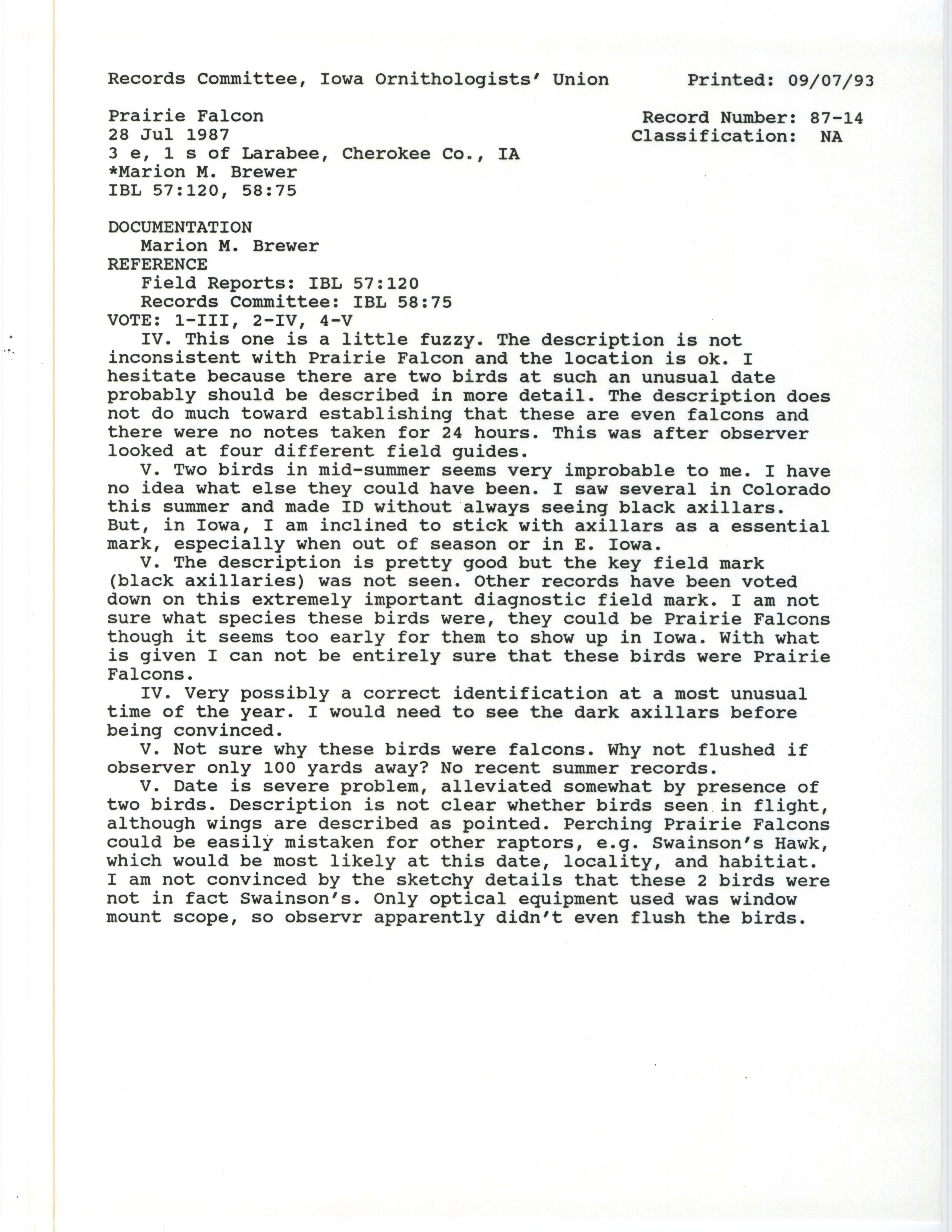 Records Committee review for rare bird sighting of Prairie Falcon southeast of Larrabee, 1987