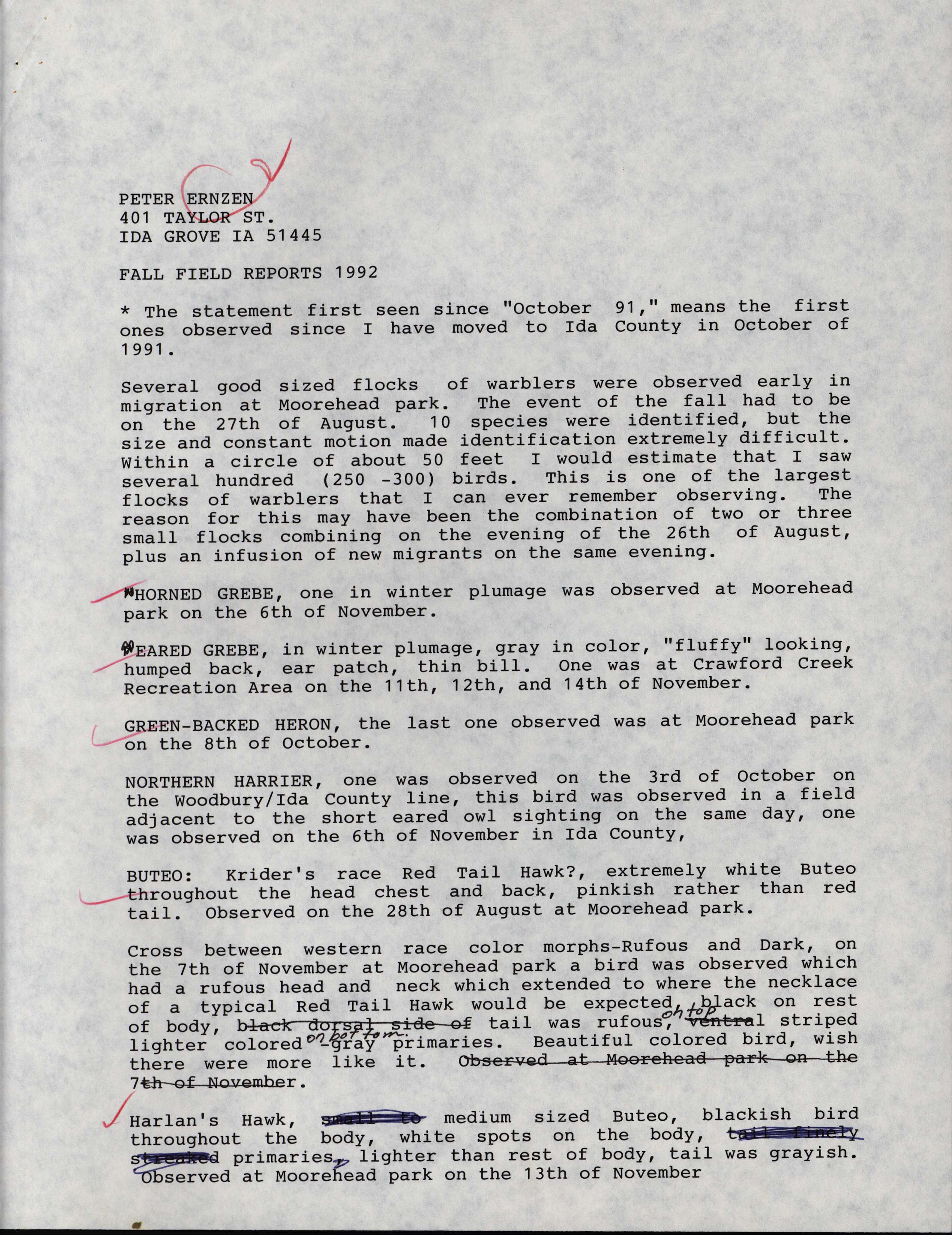 Field notes contributed by Peter Ernzen, fall 1992