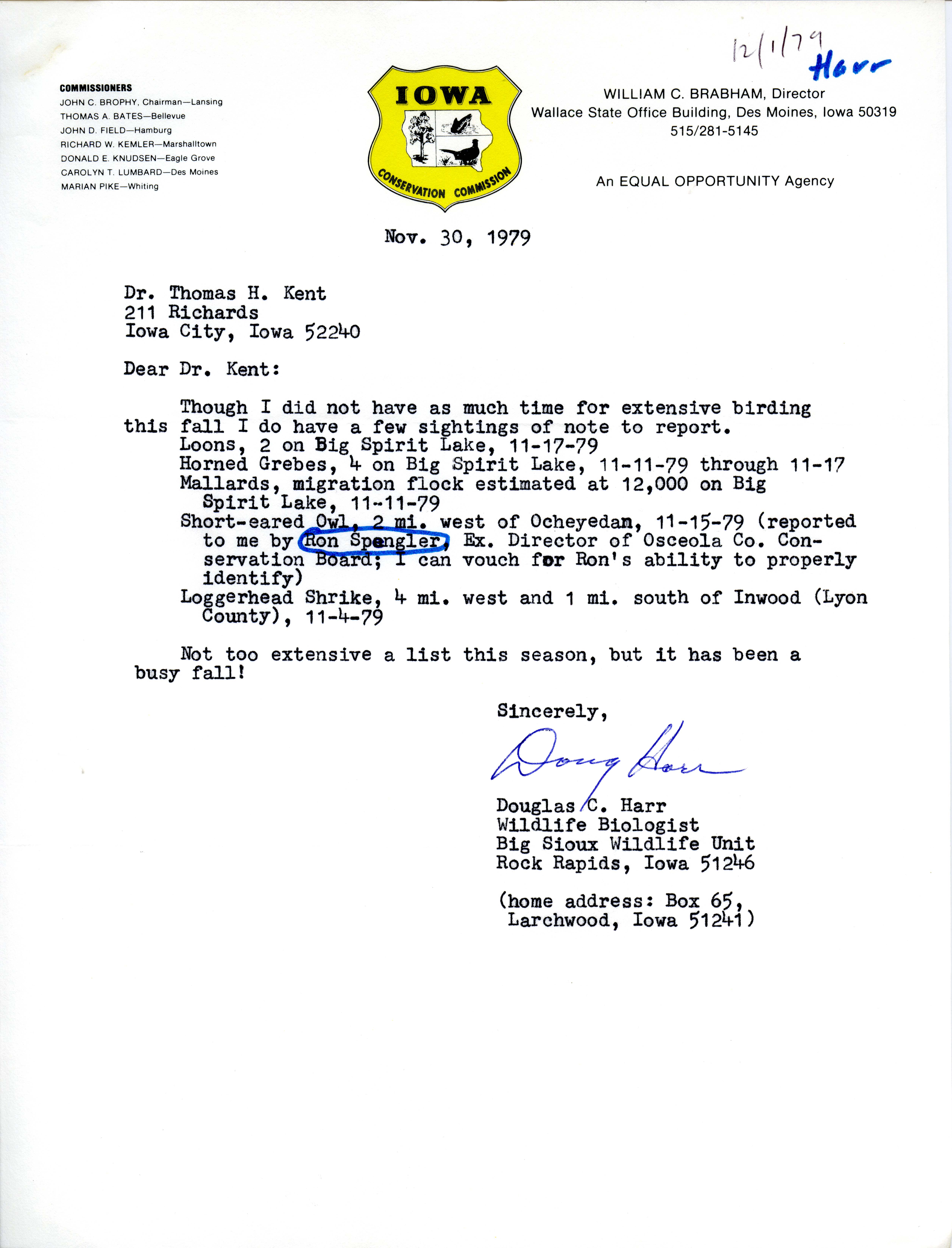 Douglas C. Harr letter to Thomas H. Kent regarding bird sightings, November 30, 1979