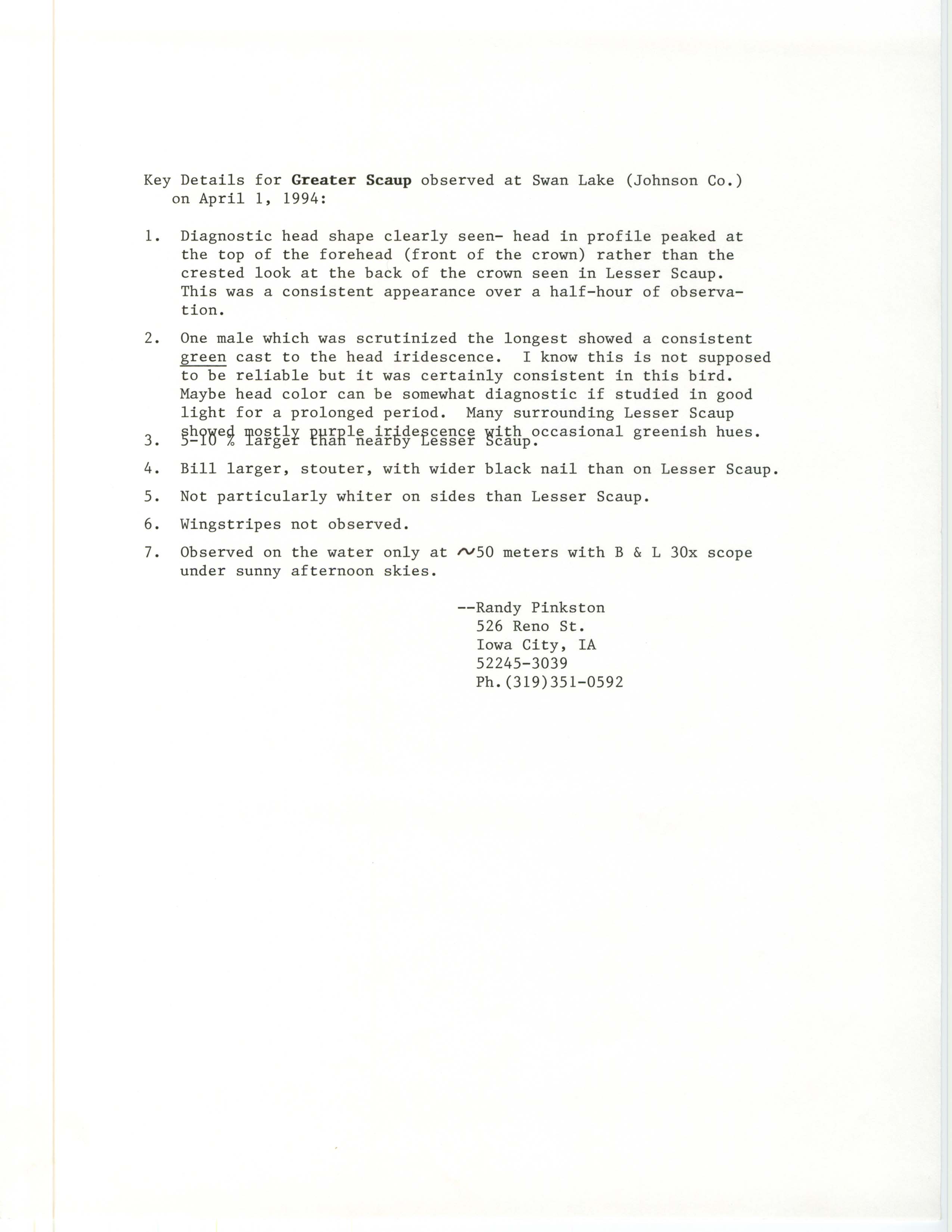 Rare bird documentation form for Greater Scaup at Swan Lake in 1994